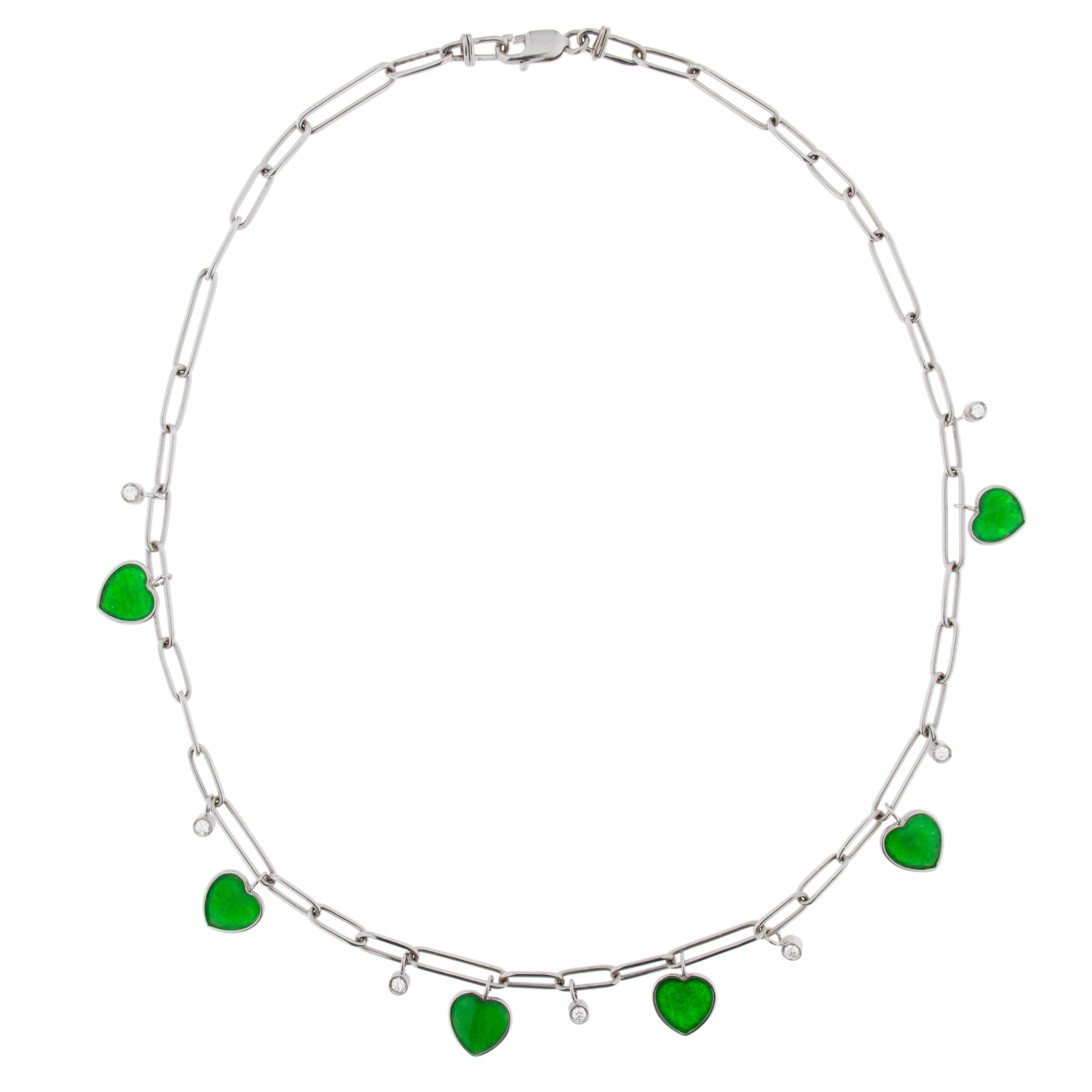 Jona Burmese Jadeite Jade Heart Diamond White Gold Necklace In New Condition In Torino, IT