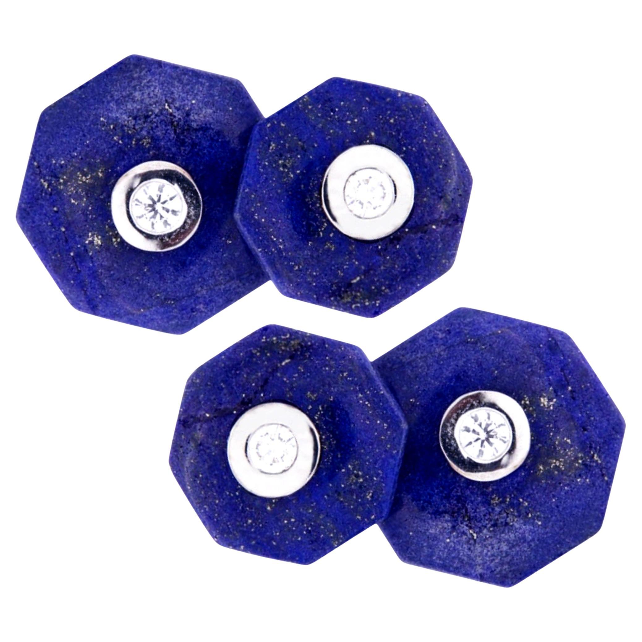 Alex Jona Lapis Lazuli White Diamond 18 Karat White Gold Octagonal Cufflinks For Sale