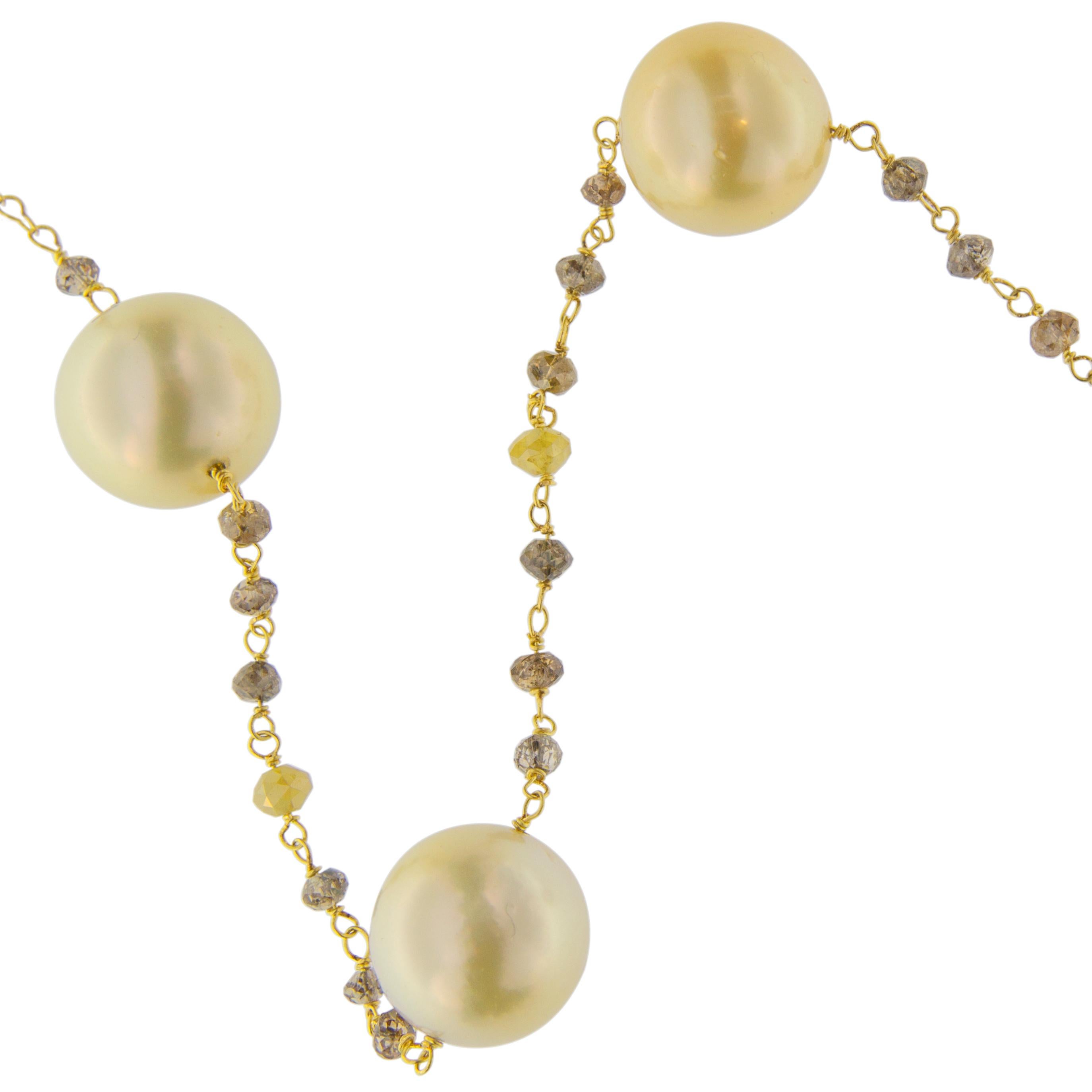 Women's Jona South Sea Pearl Briolette Cut Diamond Sautoir 18 Karat Yellow Gold Necklace
