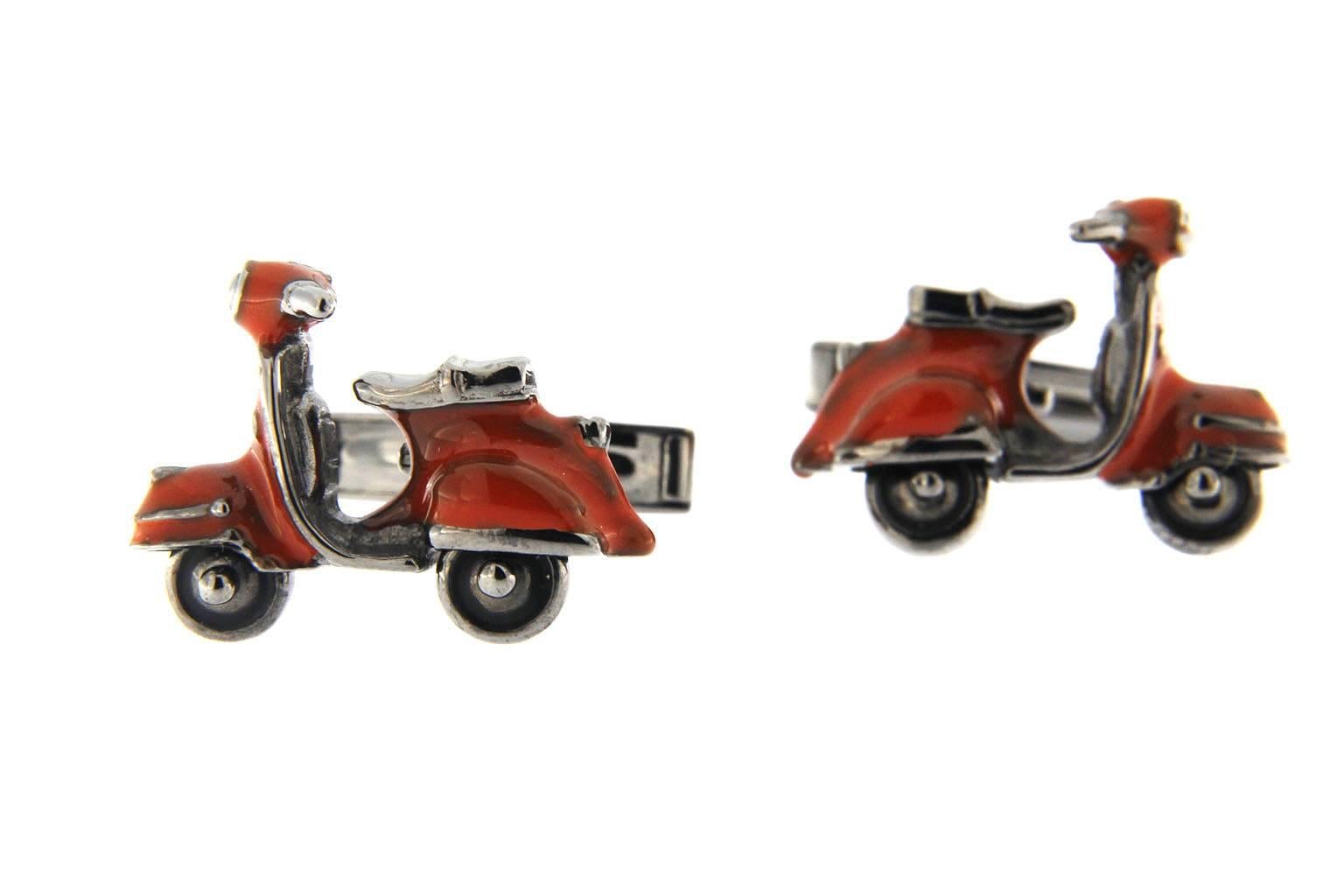 Enameled  sterling silver scooter cufflinks by Jona with rotating wheels;
Black rhodium plated.

All of our jewelry is new and has never been previously owned or worn.