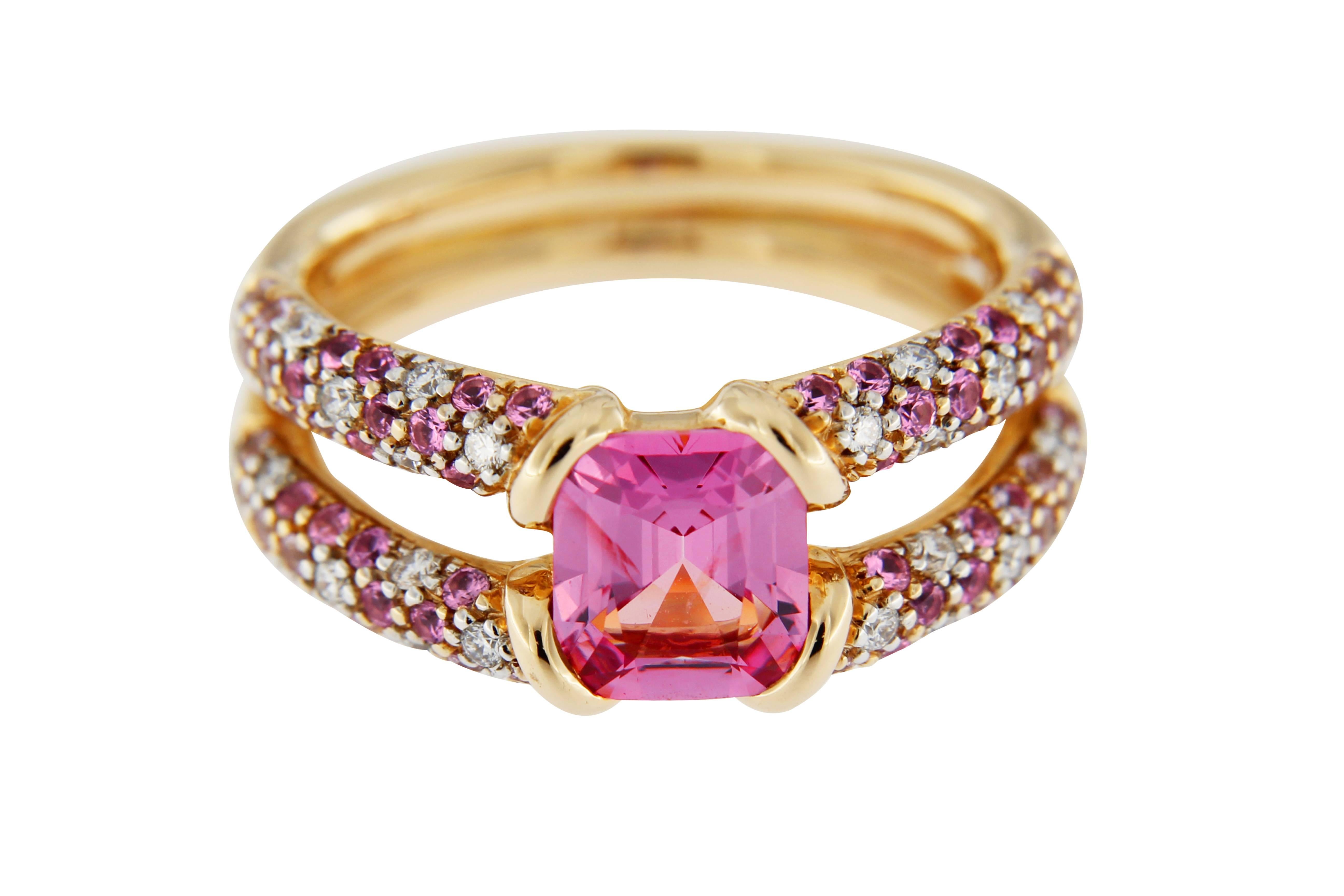 Alex Jona Pink Spinel Pink Sapphire White Diamond 18 Karat Rose Gold Ring In New Condition In Torino, IT