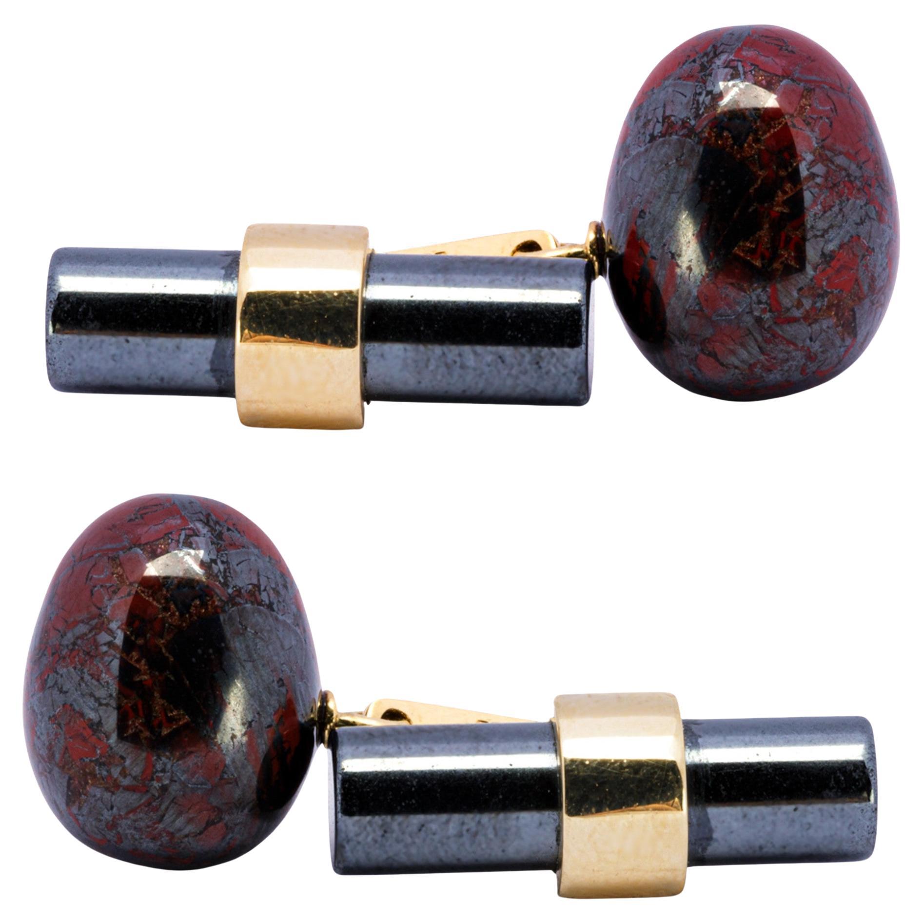 Alex Jona Breciated Jasper Egg And Hematite Cylinder 18 K Yellow Gold Cufflinks For Sale