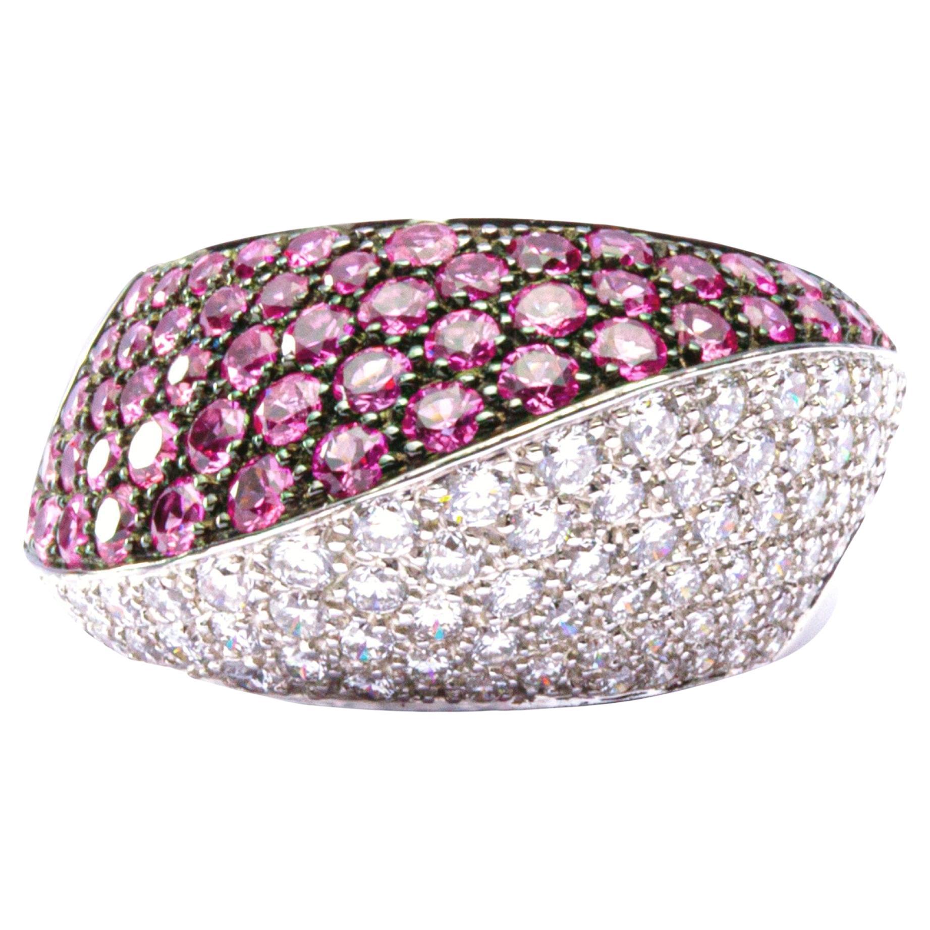Alex Jona Pink Sapphire White Diamond 18 Karat White Gold Dome Ring For Sale