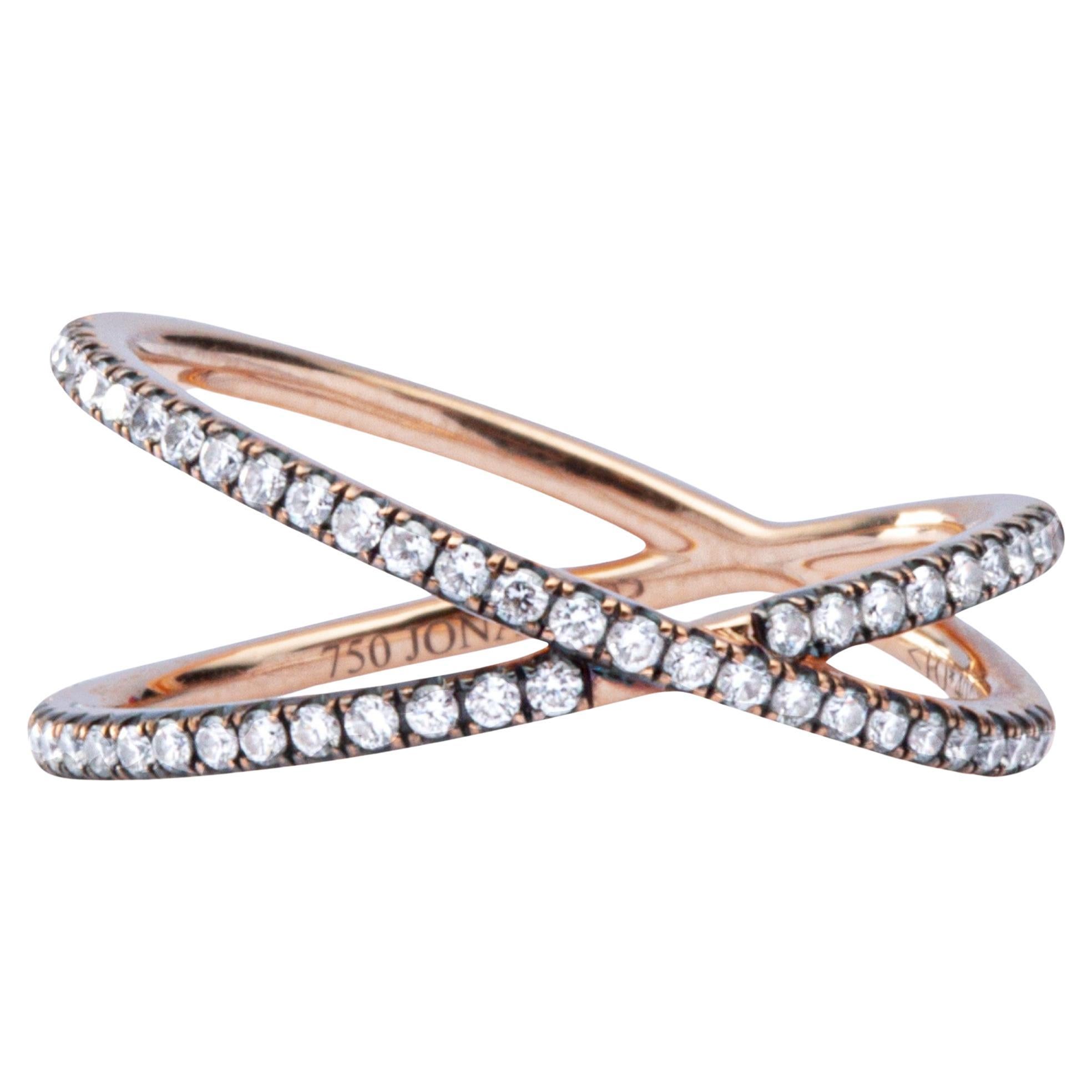 Alex Jona Twiggy White Diamond 18 Karat Rose Gold Crossover Ring For Sale