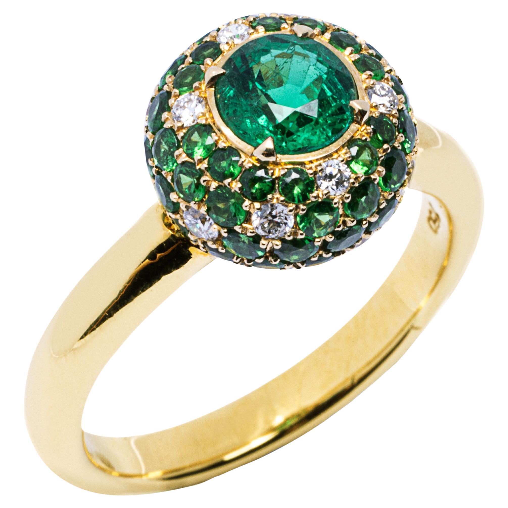 18 Karat Gelbgold Ring von Alex Jona mit Smaragd, weißem Diamant und Tsavorit