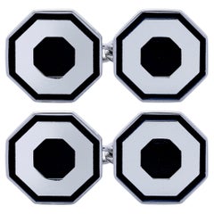 Alex Jona Black Enamel Sterling Silver Octagonal Cufflinks