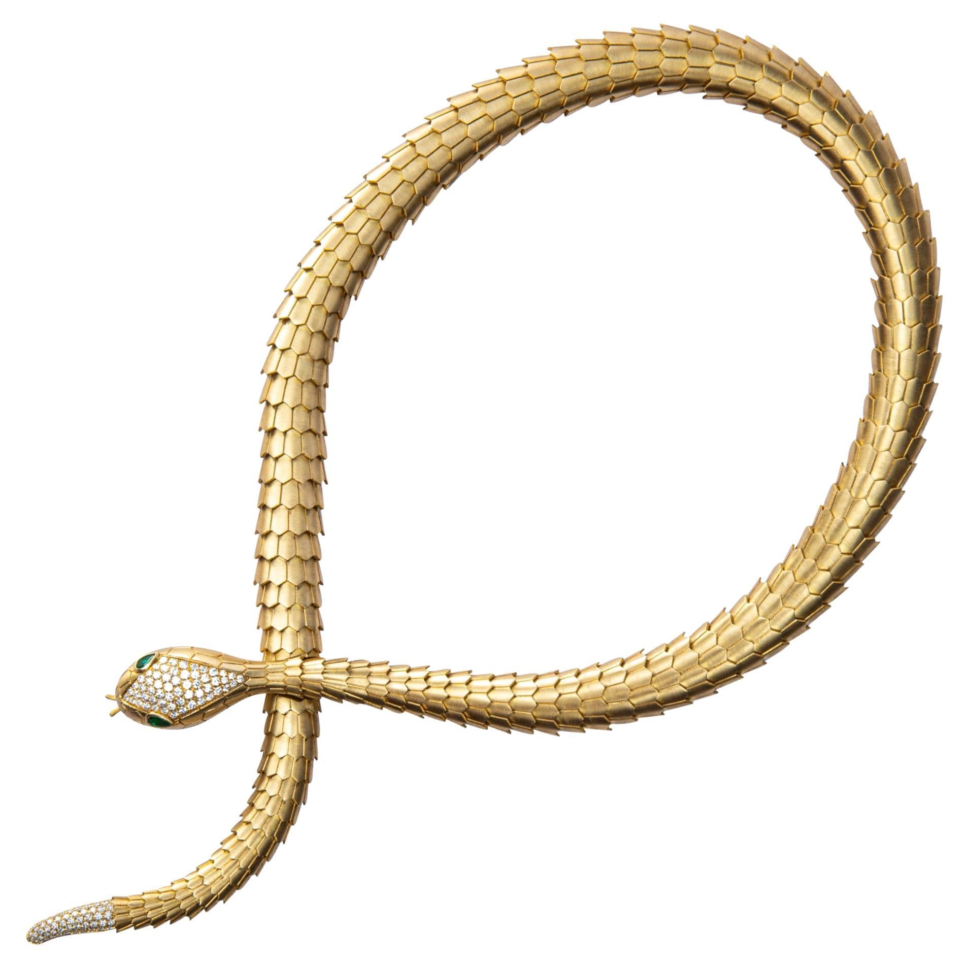  Alex Jona White Diamond Brushed 18 Karat Yellow Gold Flexible Snake Necklace For Sale