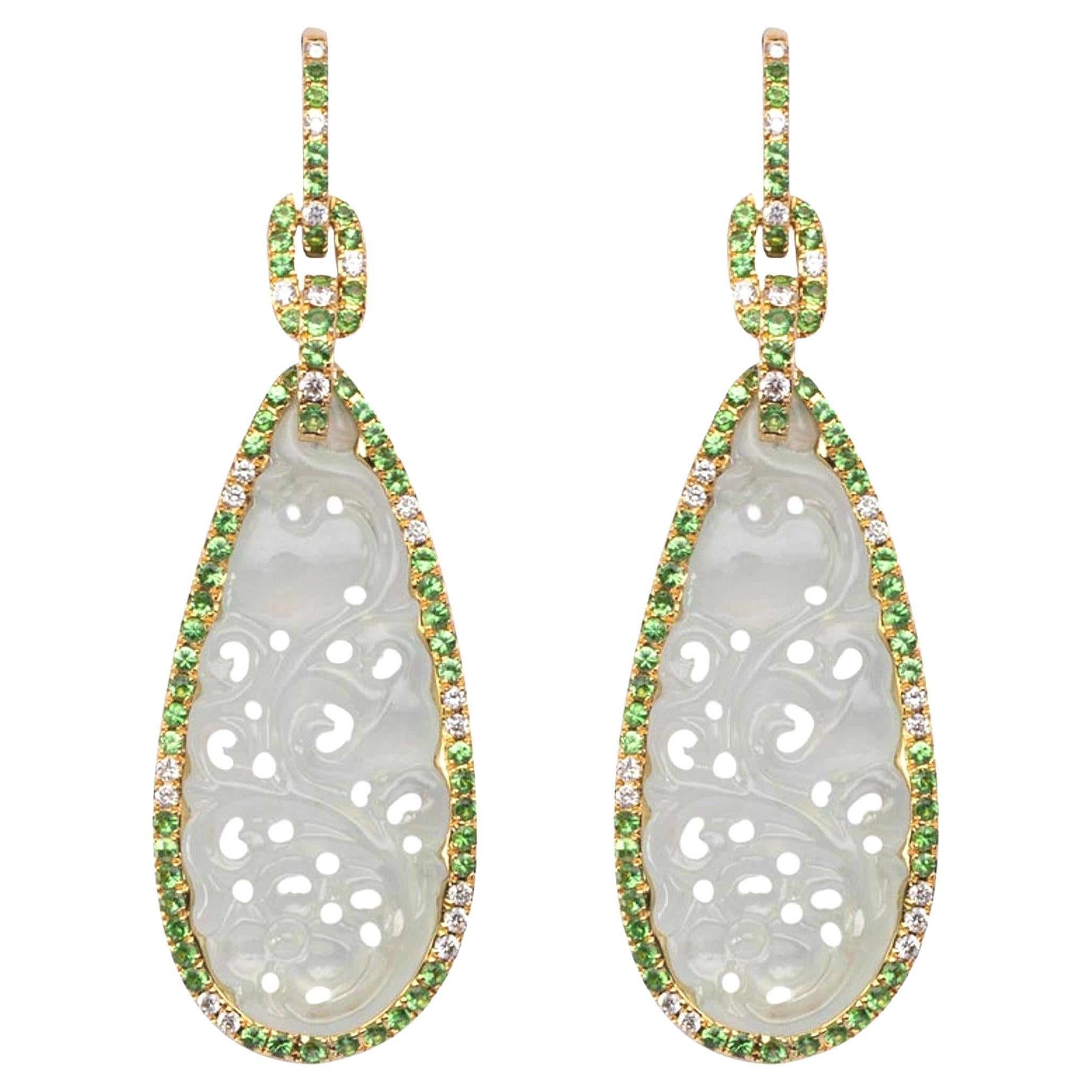 Alex Jona White Jadeite Jade White Diamond 18 Karat White Gold Dangle Earrings For Sale