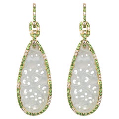 Alex Jona White Jadeite Jade White Diamond 18 Karat White Gold Dangle Earrings