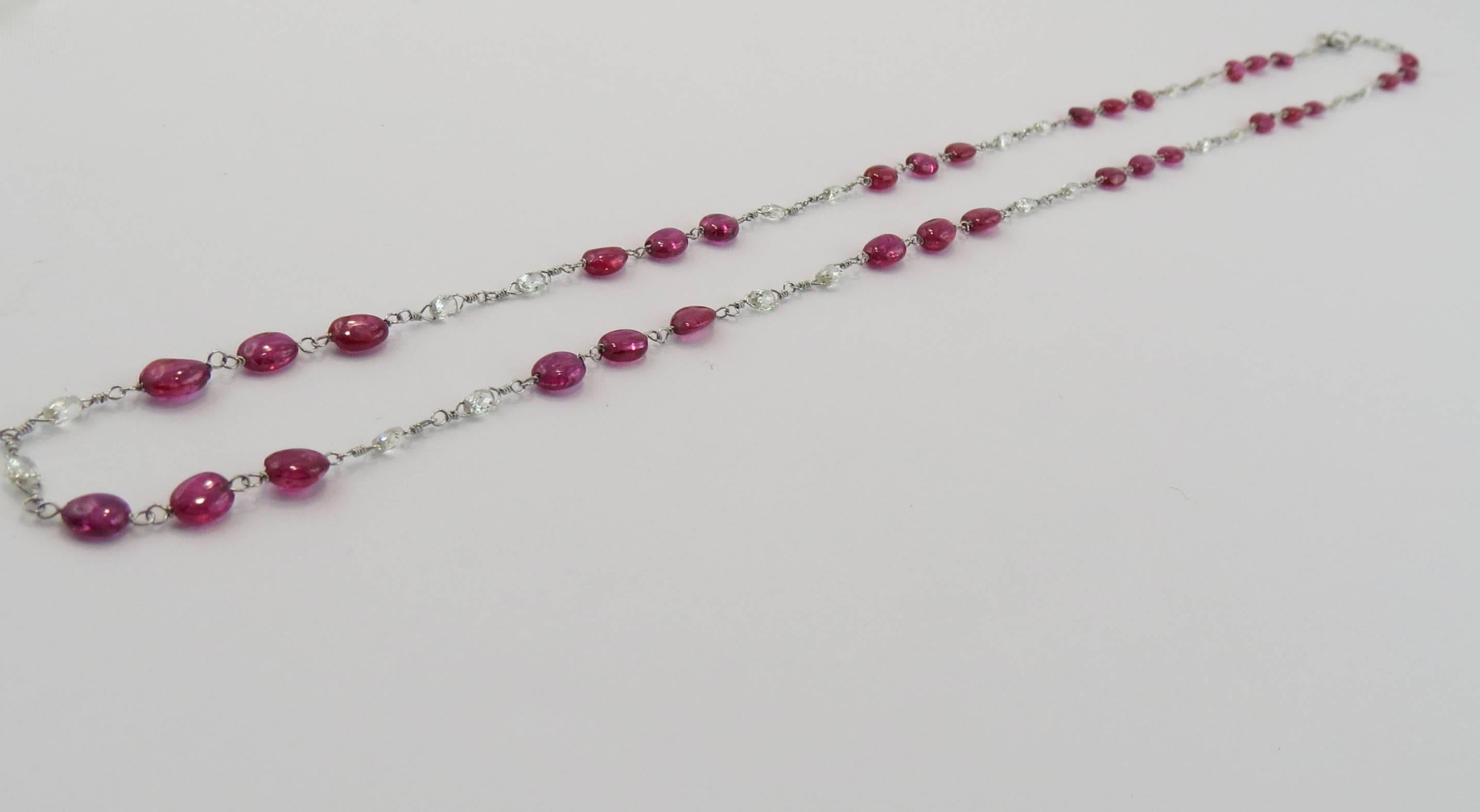 Ruby Bead Diamond Platinum Necklace In New Condition In Torino, IT