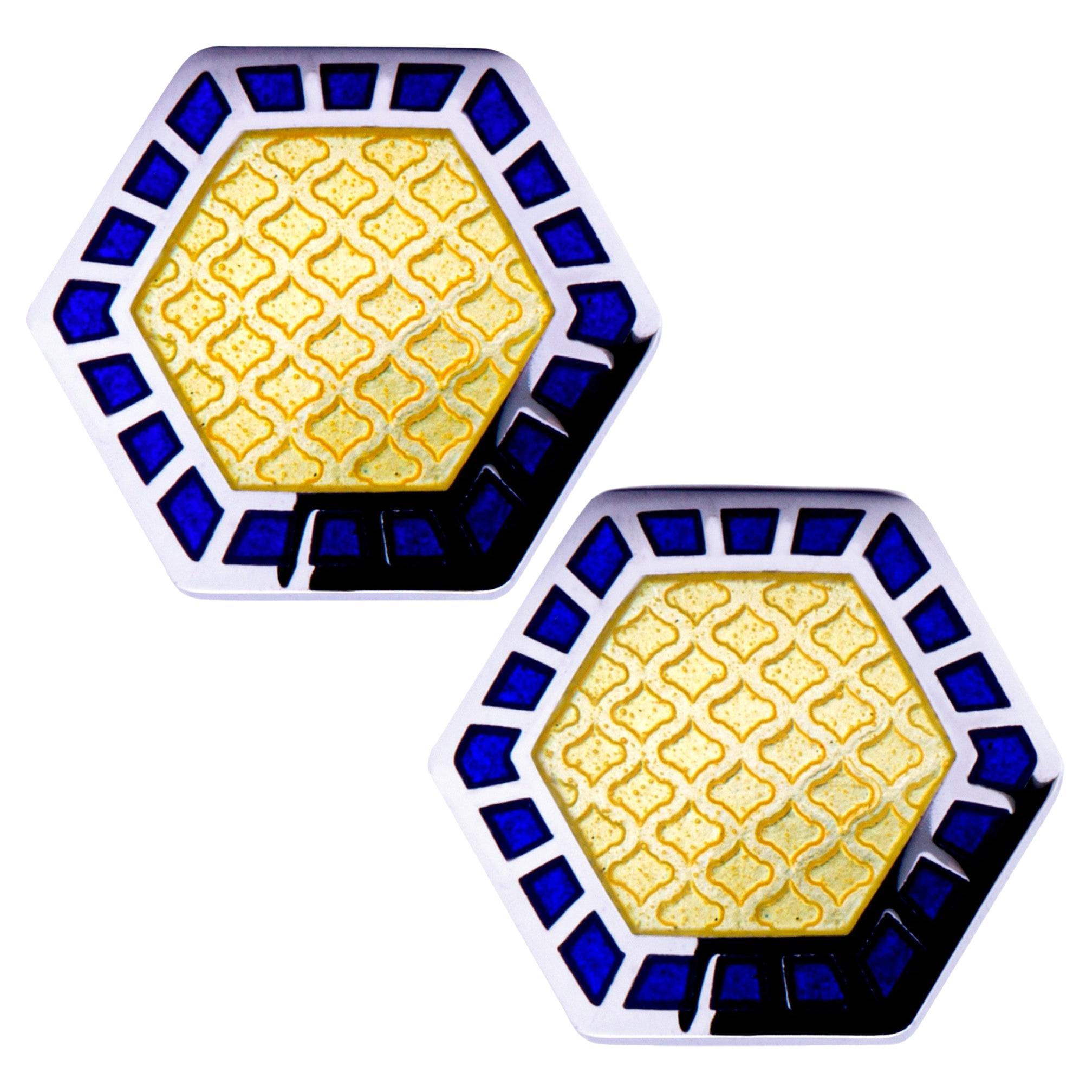 Manschettenknöpfe aus Sterlingsilber mit blauer und gelber Emaille im Angebot