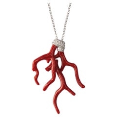 Retro Alex Jona Red Coral Branch White Diamond 18 Karat White Gold Pendant Necklace