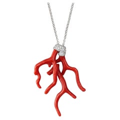 Alex Jona Red Coral Branch White Diamond 18 Karat White Gold Pendant Necklace
