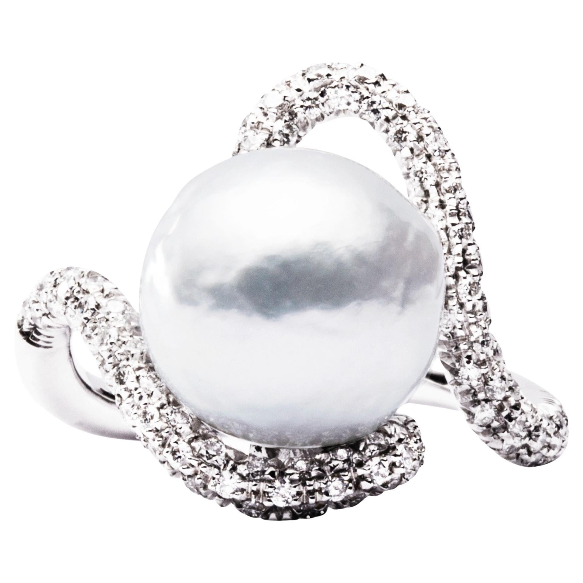 Alex Jona Baroque South Sea Pearl White Diamond 18 Karat White Gold Ring For Sale