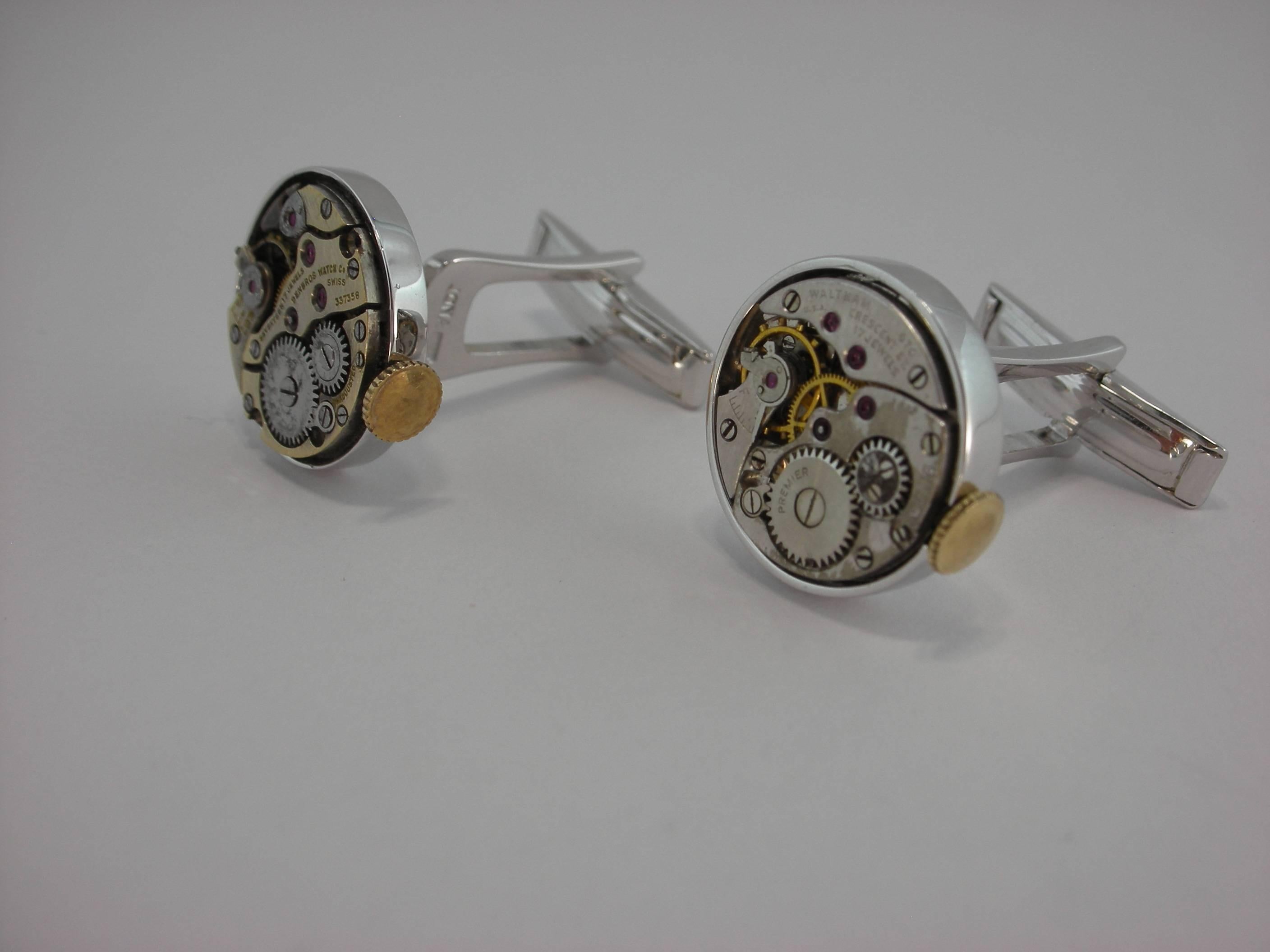 These rhodium plated sterling silver cufflinks, hand crafted in Italy by Jona, are actually built using genuine antique watch movements. 

All of our jewelry is new and has never been previously owned or worn.