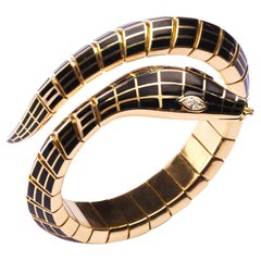Alex Jona White Diamond Black Enamel Gold Flexible Snake Bracelet