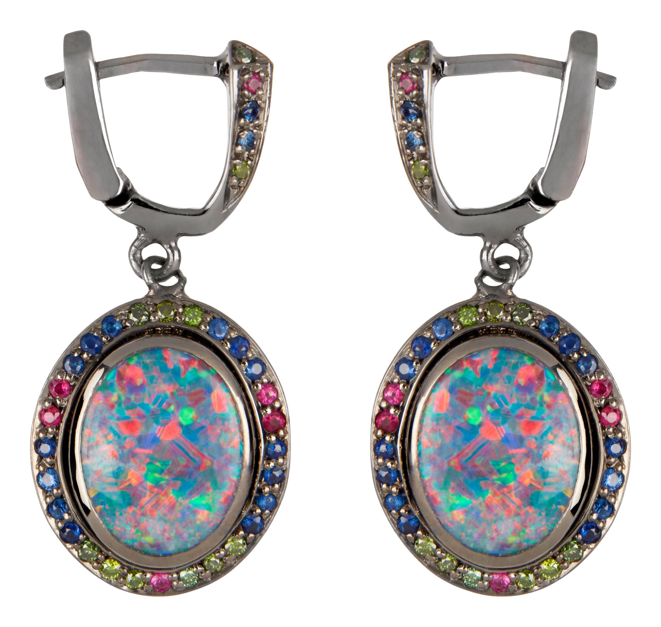 *MADE TO ORDER - 5 WEEKS LEAD TIME*

9ct blackened white gold earrings set with 10 x 8mm black opal inlays and 0.38ct sapphires, 0.22ct green diamonds and 0.14ct rubies.