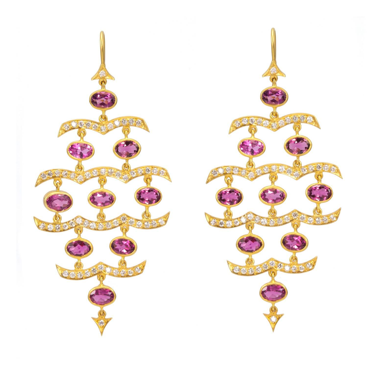 Lauren Harper Pink Tourmaline Diamonds Gold Chandelier Statement Earrings For Sale