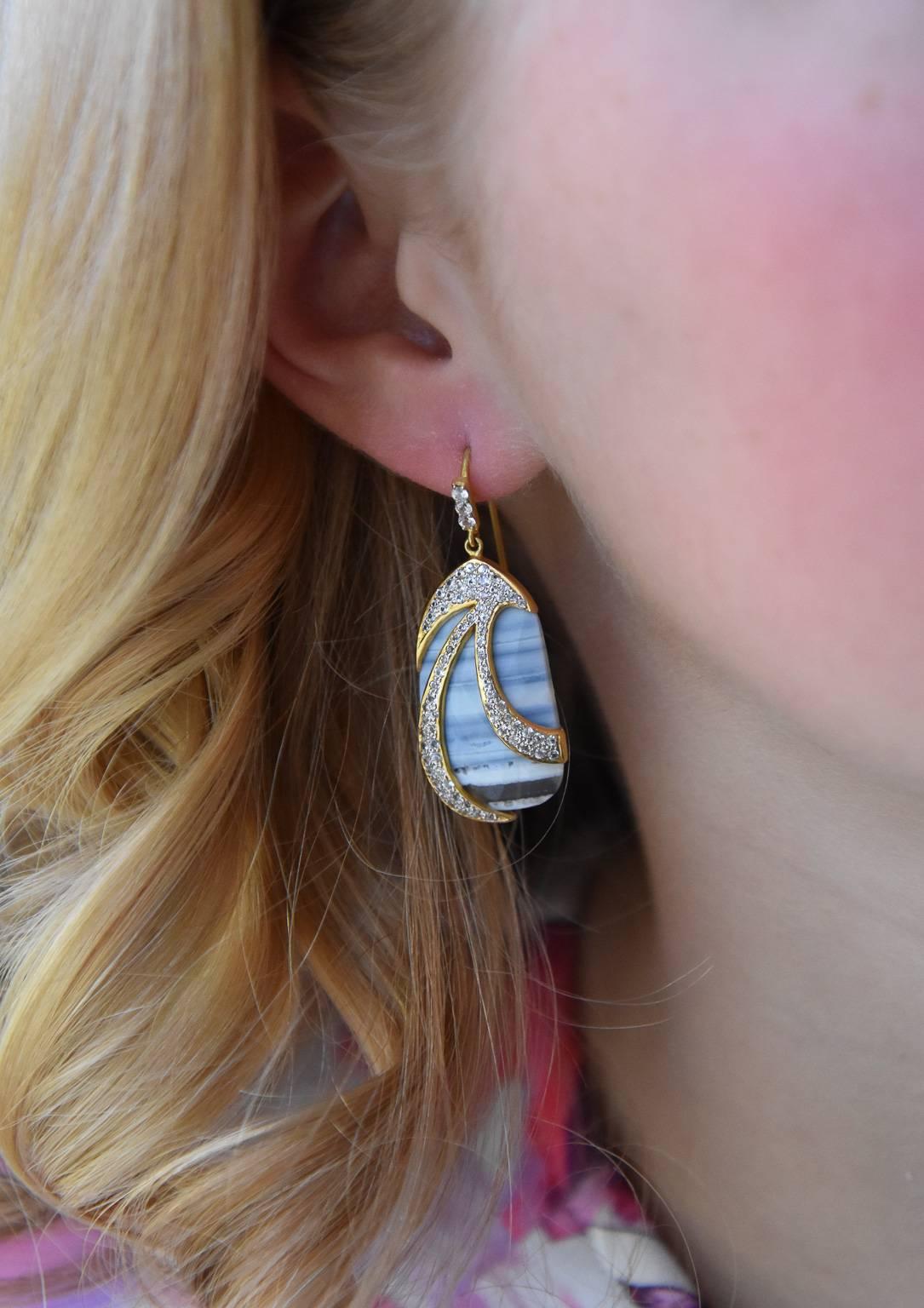 These one of a kind earrings are made with beautiful striped African opals, surrounded in organically shaped curved stripes of sparkly white sapphires.  They are set in Lauren Harper's signature 18kt Gold matte finish, perfect for daytime or evening
