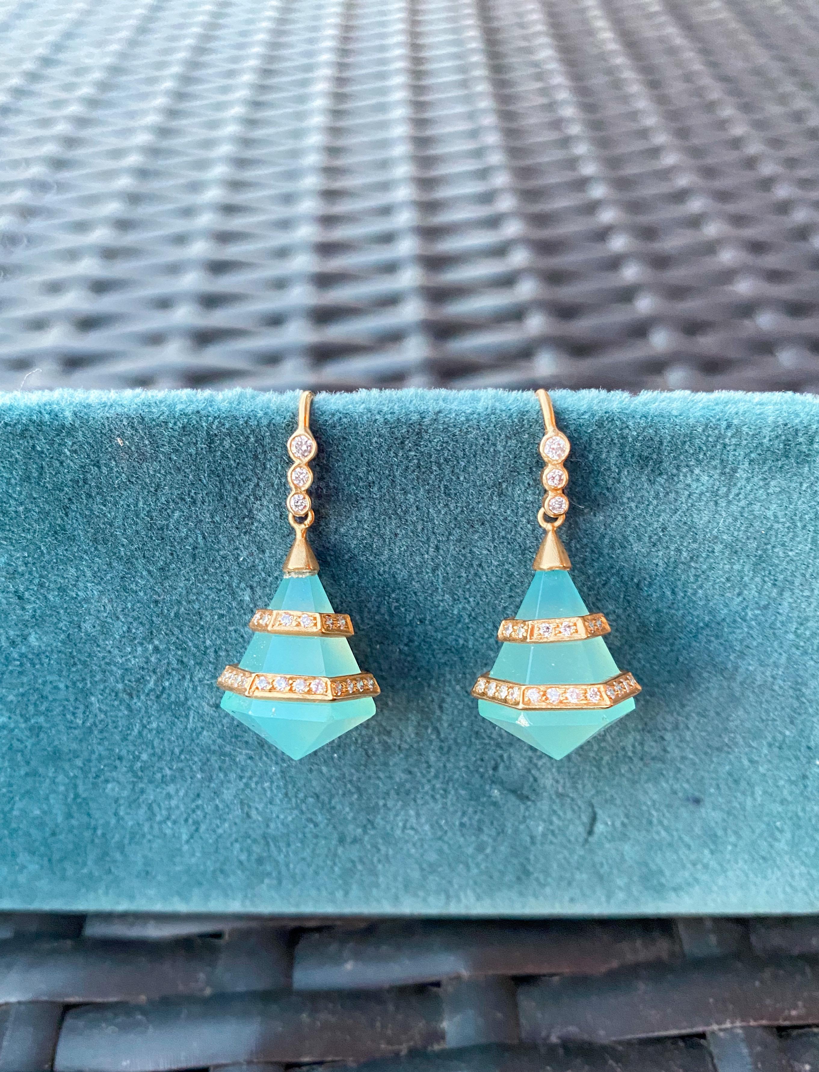 Geometric pyramid cut Chalcedony stones are surrounded by architectural bands of 18kt Gold and diamonds.  Finished in Lauren Harper's signature matte gold finish, these earrings are great for day or night wear.  Special and uniquely geometric, these