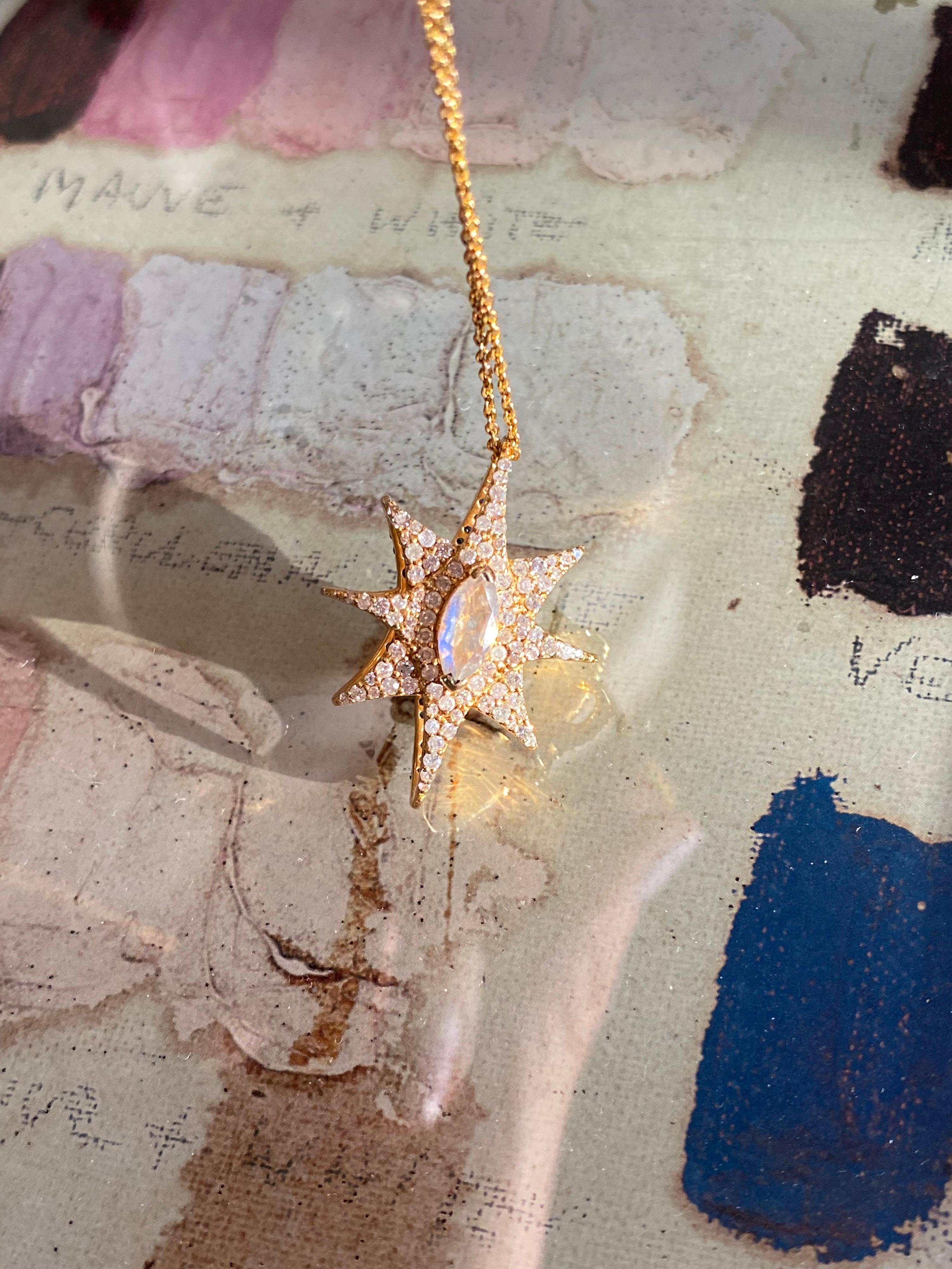 1.60 Carat Diamond, Rainbow Moonstone 18kt Gold Star Pendant by Lauren Harper In New Condition For Sale In Winnetka, IL