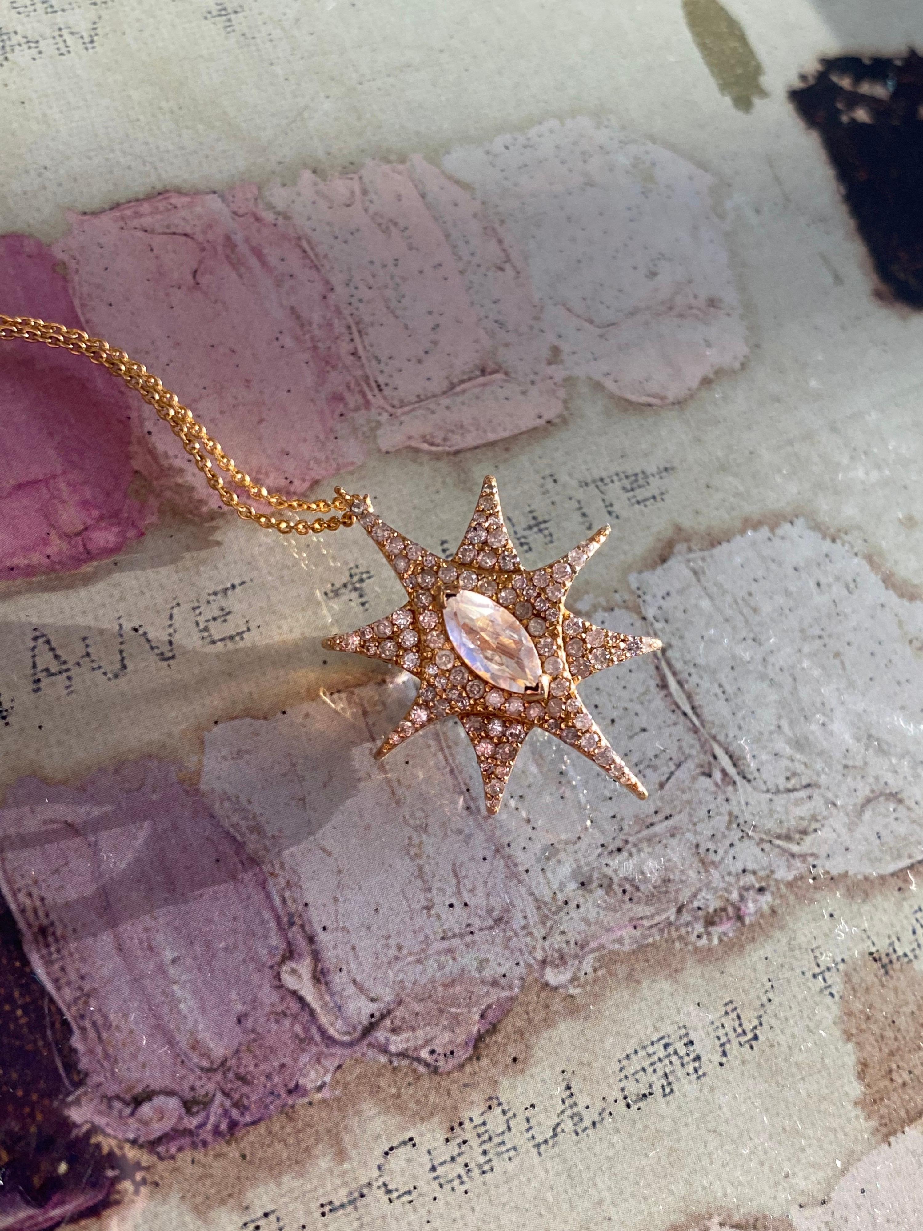 Contemporary 1.60 Carat Diamond, Rainbow Moonstone 18kt Gold Star Pendant by Lauren Harper For Sale