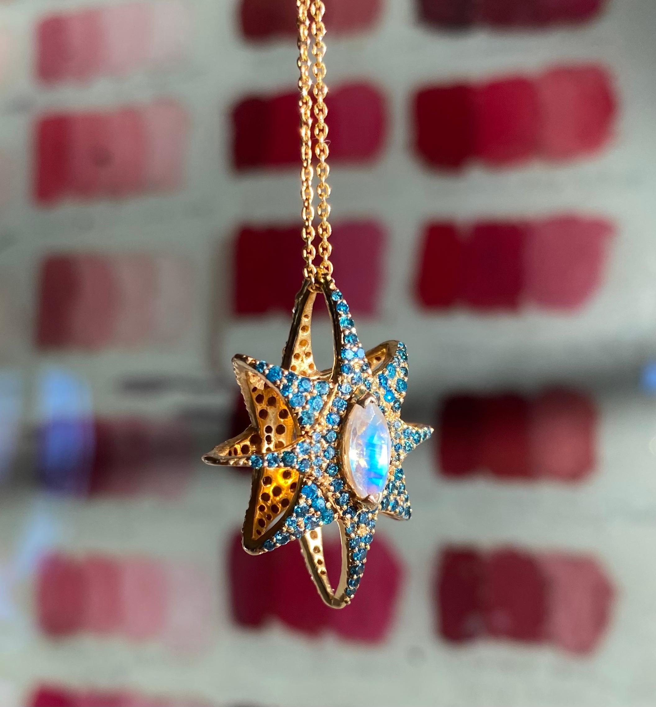 Women's 1.60 Carat Diamond, Rainbow Moonstone 18kt Gold Star Pendant by Lauren Harper For Sale