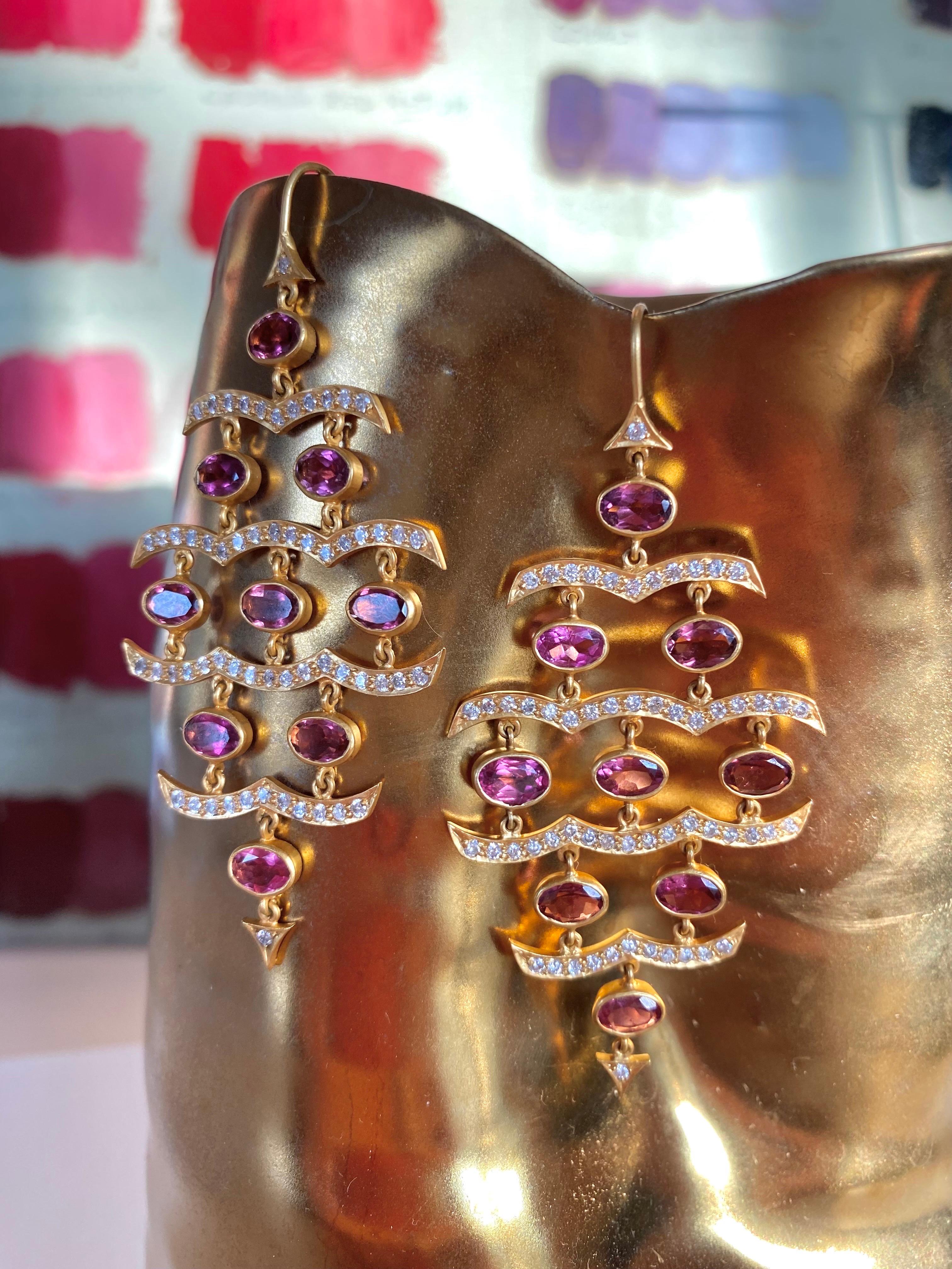 Lauren Harper Pink Tourmaline Diamonds Gold Chandelier Statement Earrings For Sale 3