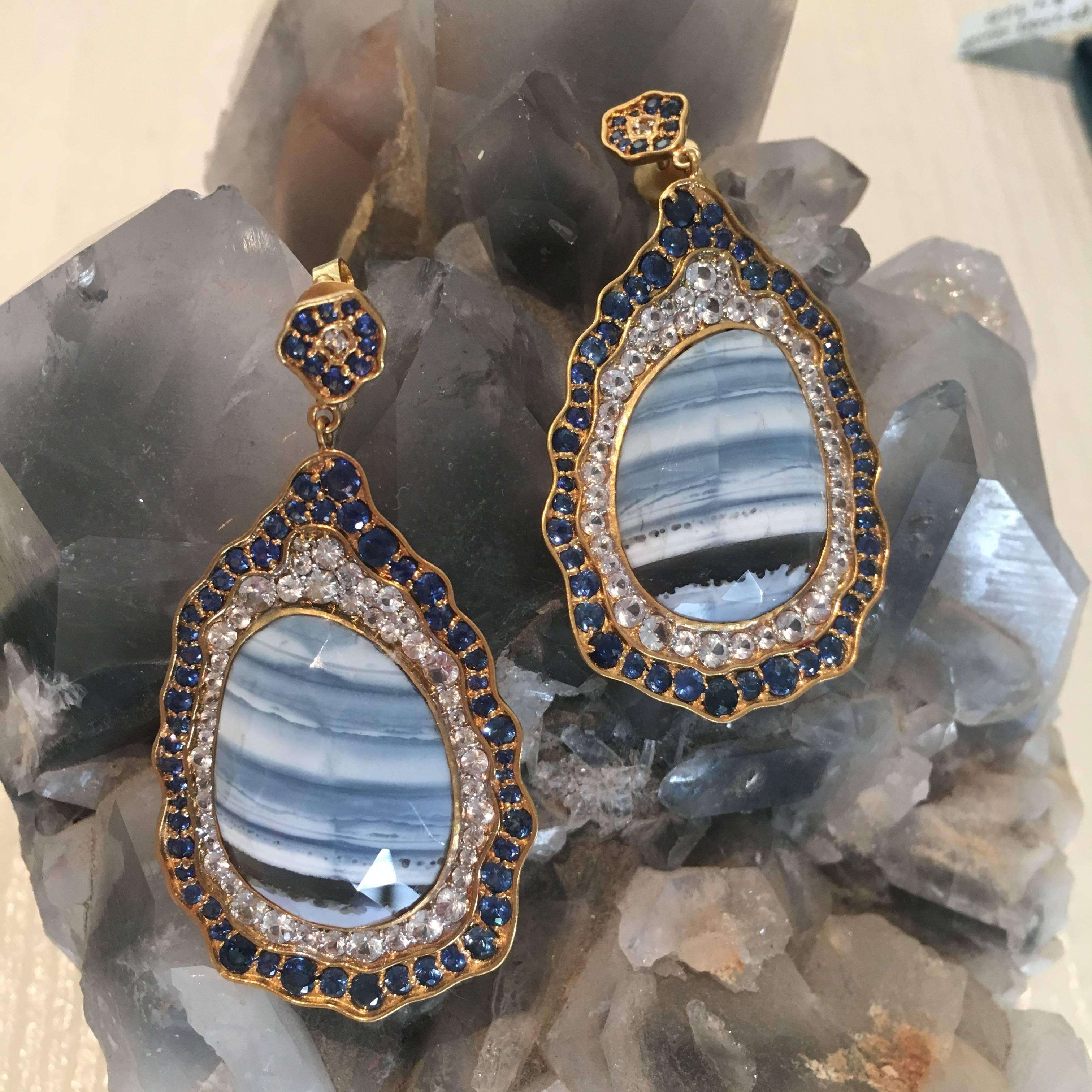 Women's Striped African Opal Blue and White Sapphires Gold Statement Earrings