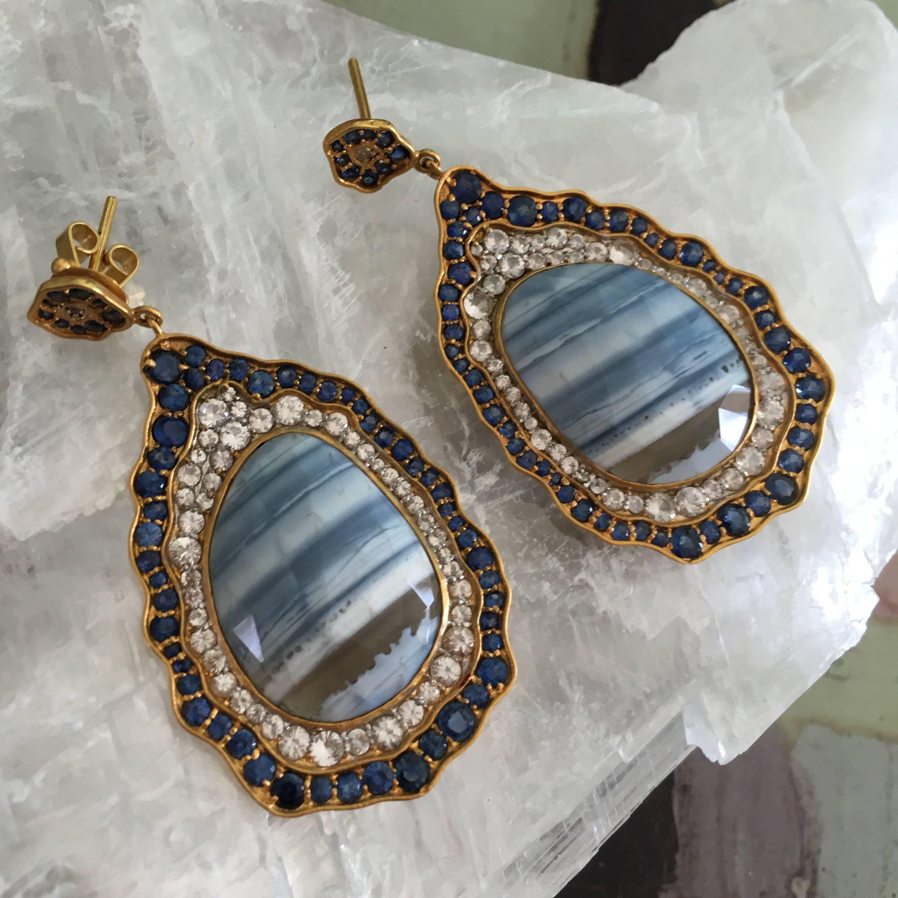 Striped African Opal Blue and White Sapphires Gold Statement Earrings 1