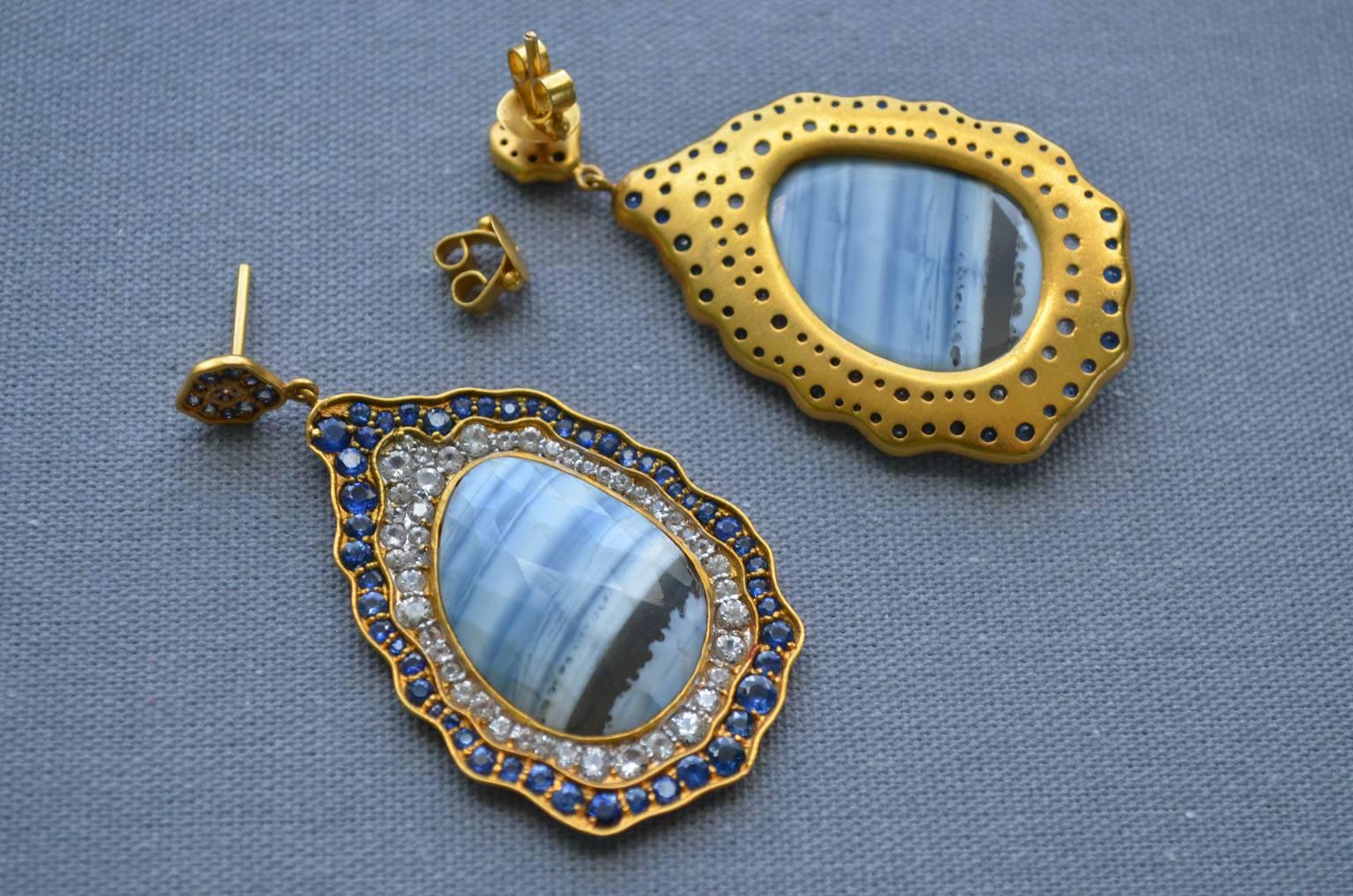 Striped African Opal Blue and White Sapphires Gold Statement Earrings In New Condition In Winnetka, IL