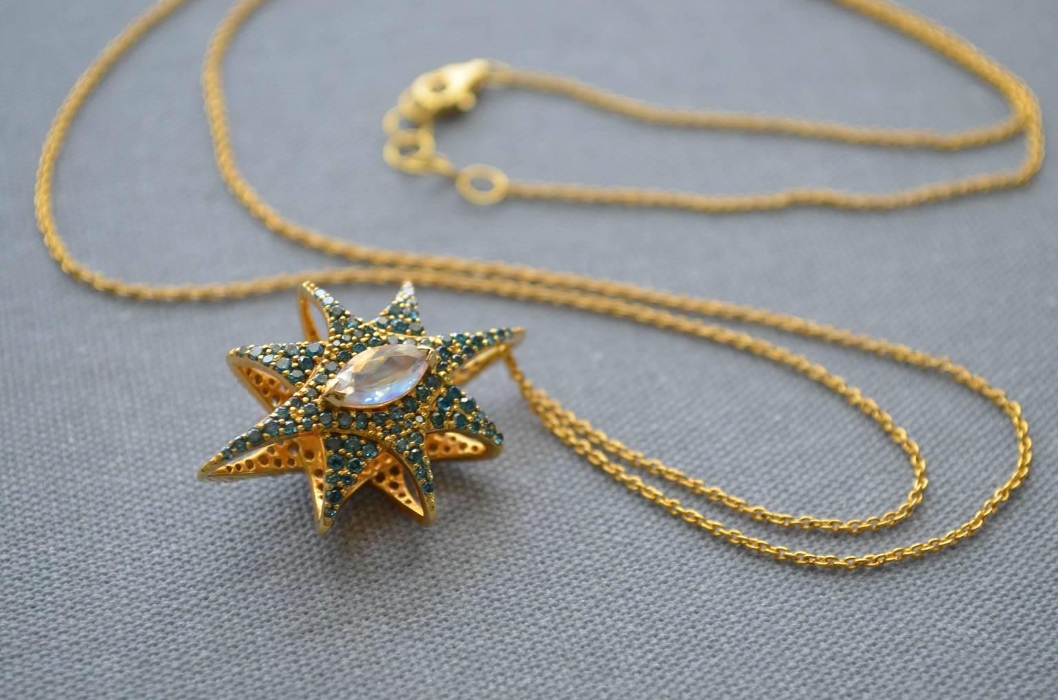 Marquise Cut 1.60 Carat Diamond, Rainbow Moonstone 18kt Gold Star Pendant by Lauren Harper For Sale
