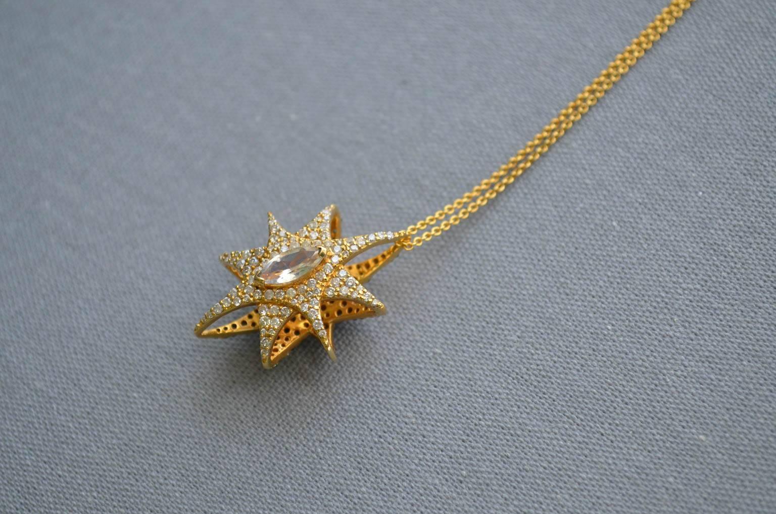 1.60 Carat Diamond, Rainbow Moonstone 18kt Gold Star Pendant by Lauren Harper For Sale 1