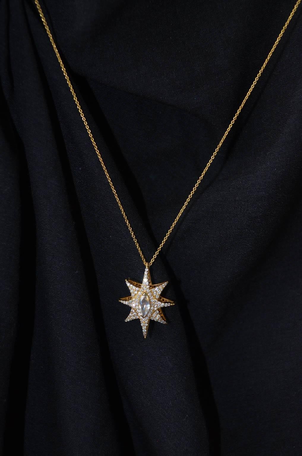 1.60 Carat Diamond, Rainbow Moonstone 18kt Gold Star Pendant by Lauren Harper For Sale 2