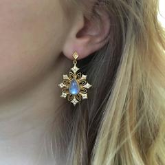 Lauren Harper Rainbow Moonstone, .61 Carats Diamonds Yellow Gold Earrings