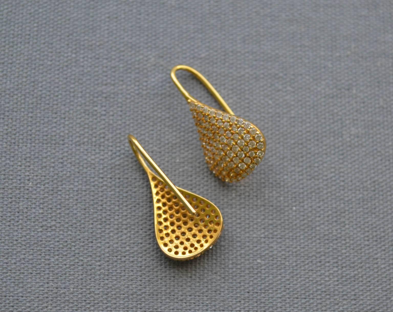 Round Cut 1.12 Carats Diamonds Yellow 18kt Gold Pear Drop Earrings by Lauren Harper