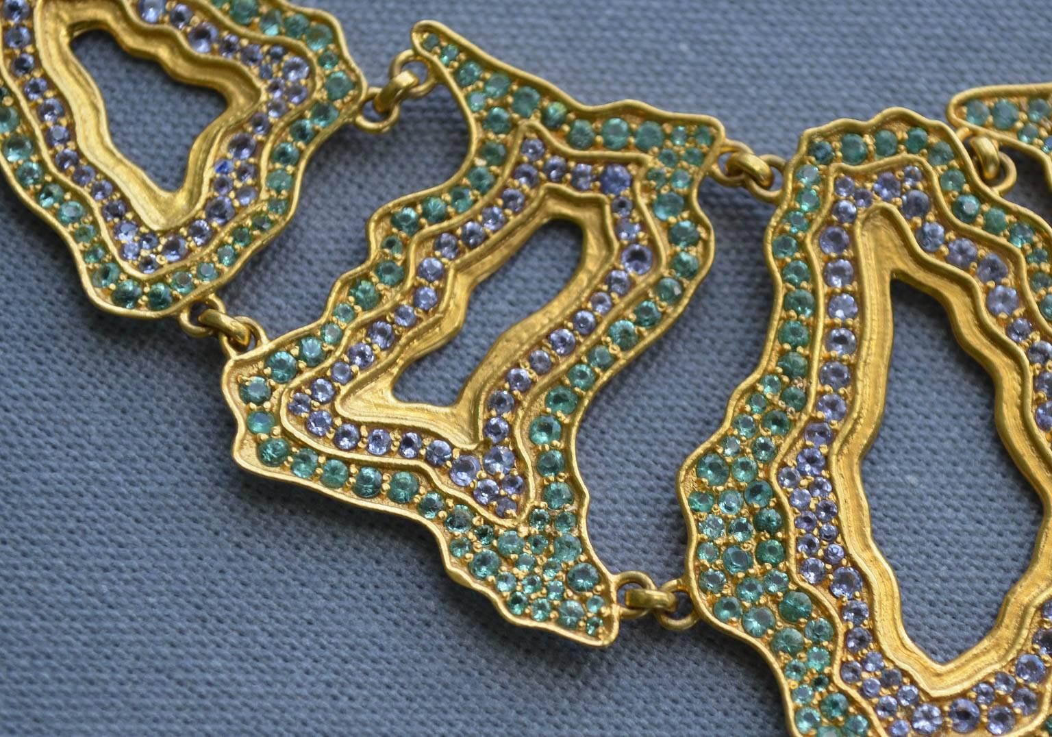 Artist Lauren Harper Geode-Inspired Emerald, Tanzanite and Gold Statement Necklace For Sale