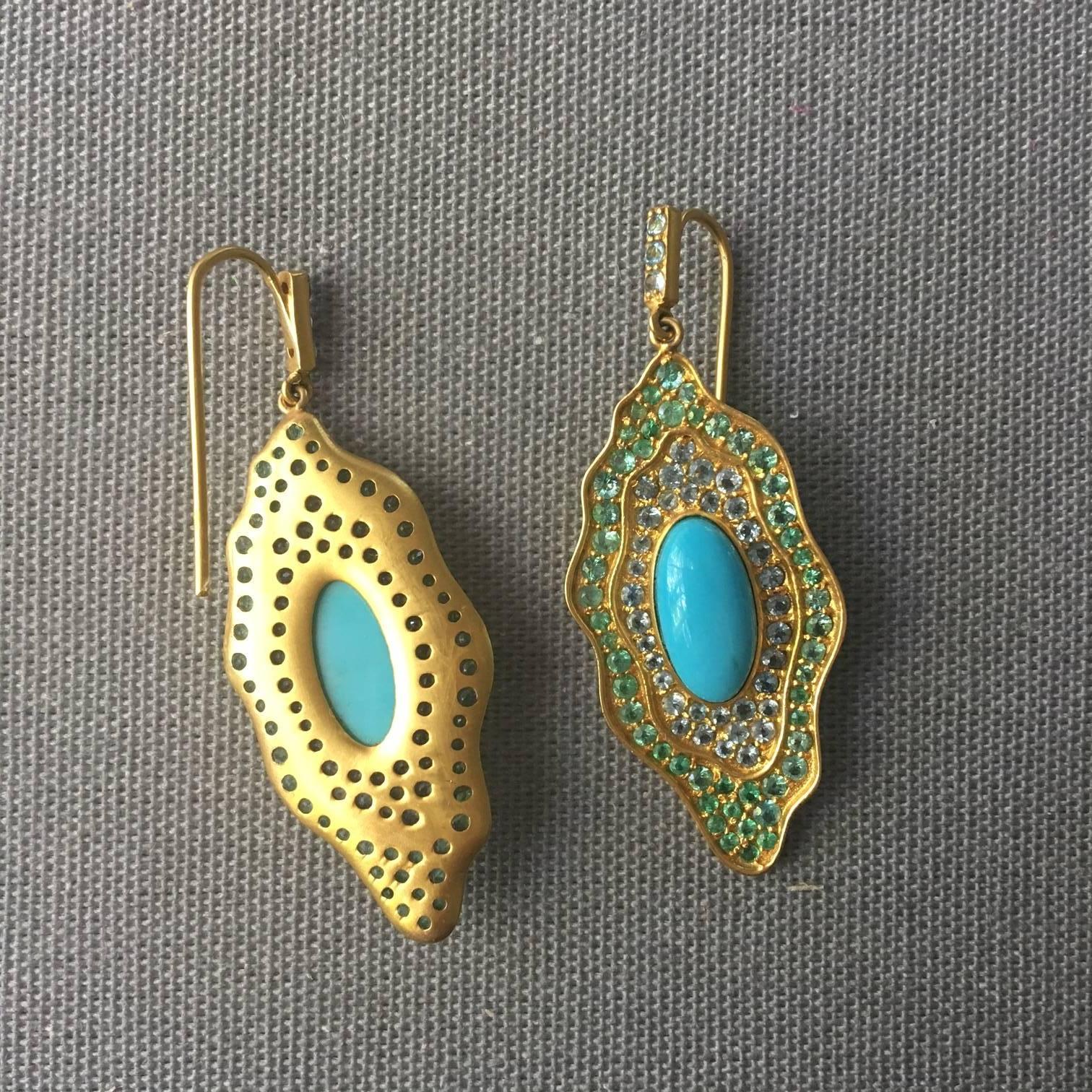 Women's Sleeping Beauty Turquoise Aquamarine Emerald Gold Organic Earrings