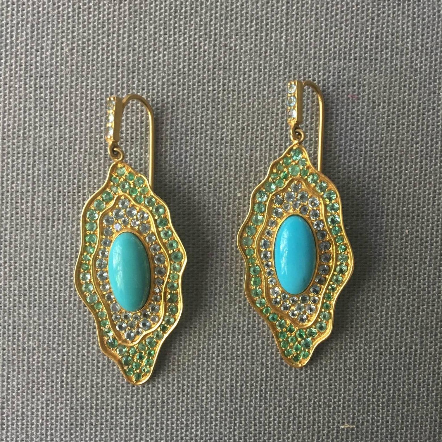 Sleeping Beauty Turquoise Aquamarine Emerald Gold Organic Earrings 2