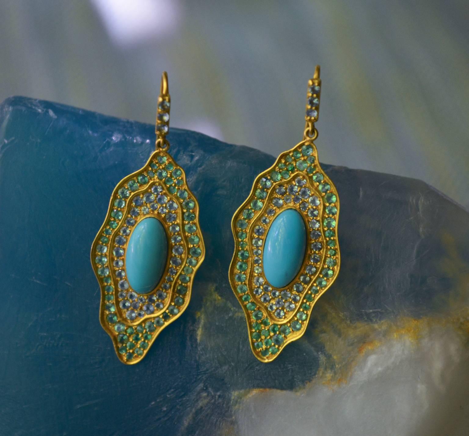 Sleeping Beauty Turquoise Aquamarine Emerald Gold Organic Earrings 1