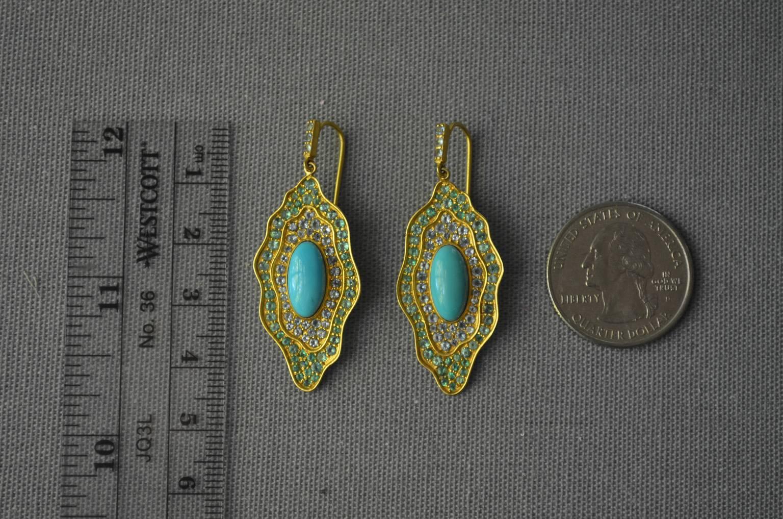 Sleeping Beauty Turquoise Aquamarine Emerald Gold Organic Earrings In New Condition In Winnetka, IL