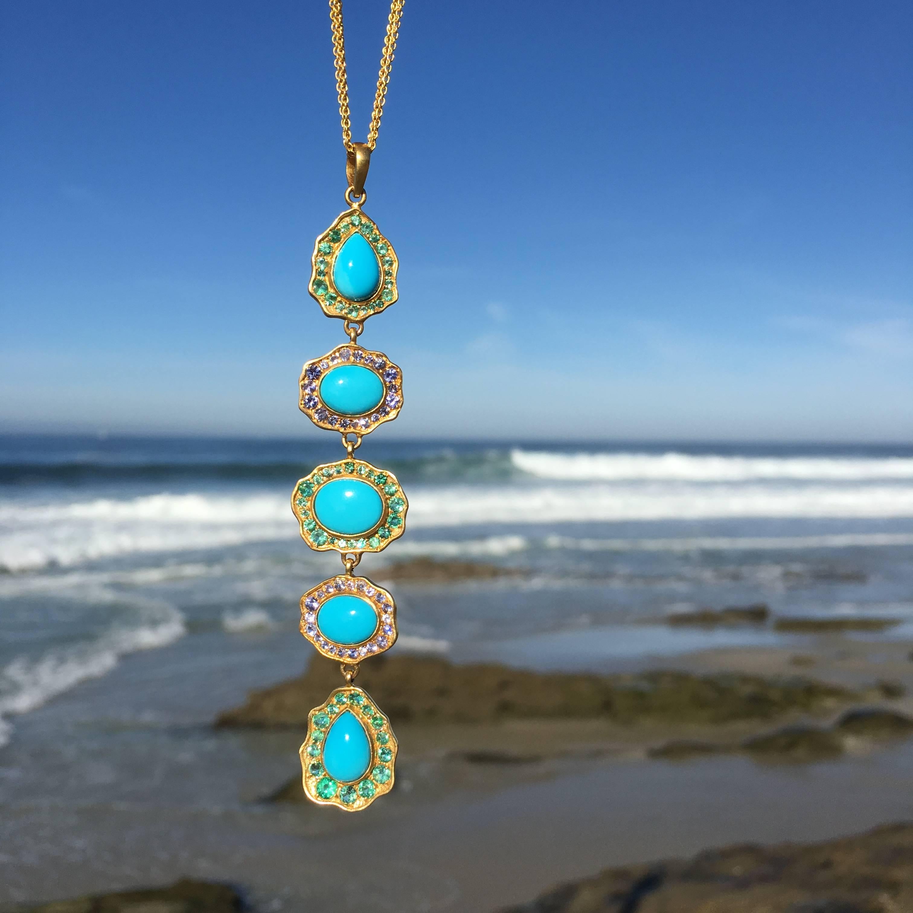 A summer beauty, this bright and colorful Sleeping Beauty Turquoise, Emerald and Tanzanite necklace will complete every look in your wardrobe.  Finished in Lauren Harper's signature 18kt matte finish, this necklace is fabulous for daytime or