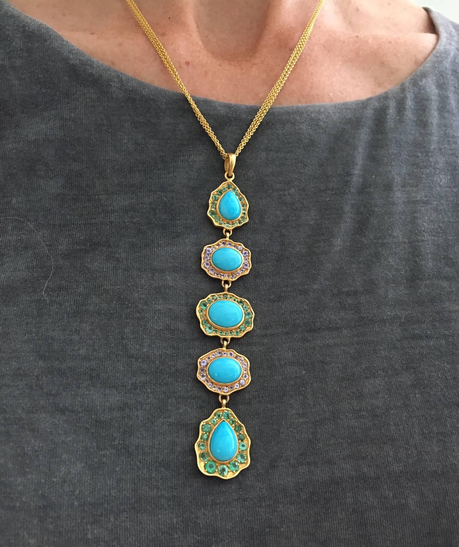 Lauren Harper Turquoise, Emerald, Tanzanite, Gold Drop Pendant Necklace In New Condition In Winnetka, IL