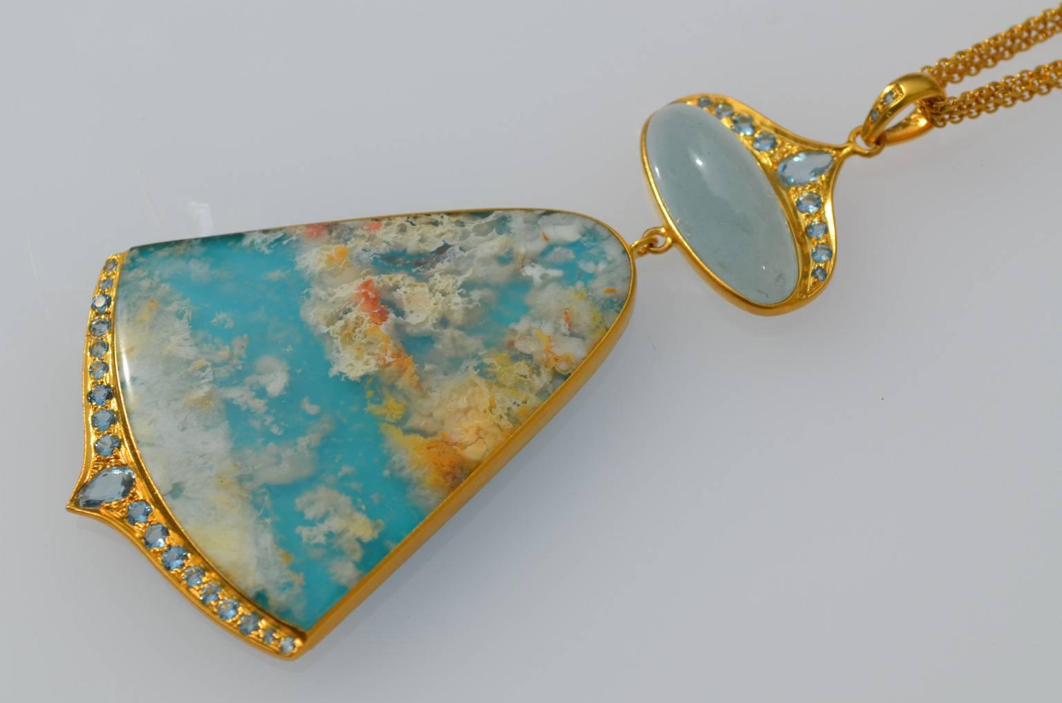 Lauren Harper Sea Agate Aquamarine Diamond Gold Pendant Statement Necklace In New Condition For Sale In Winnetka, IL