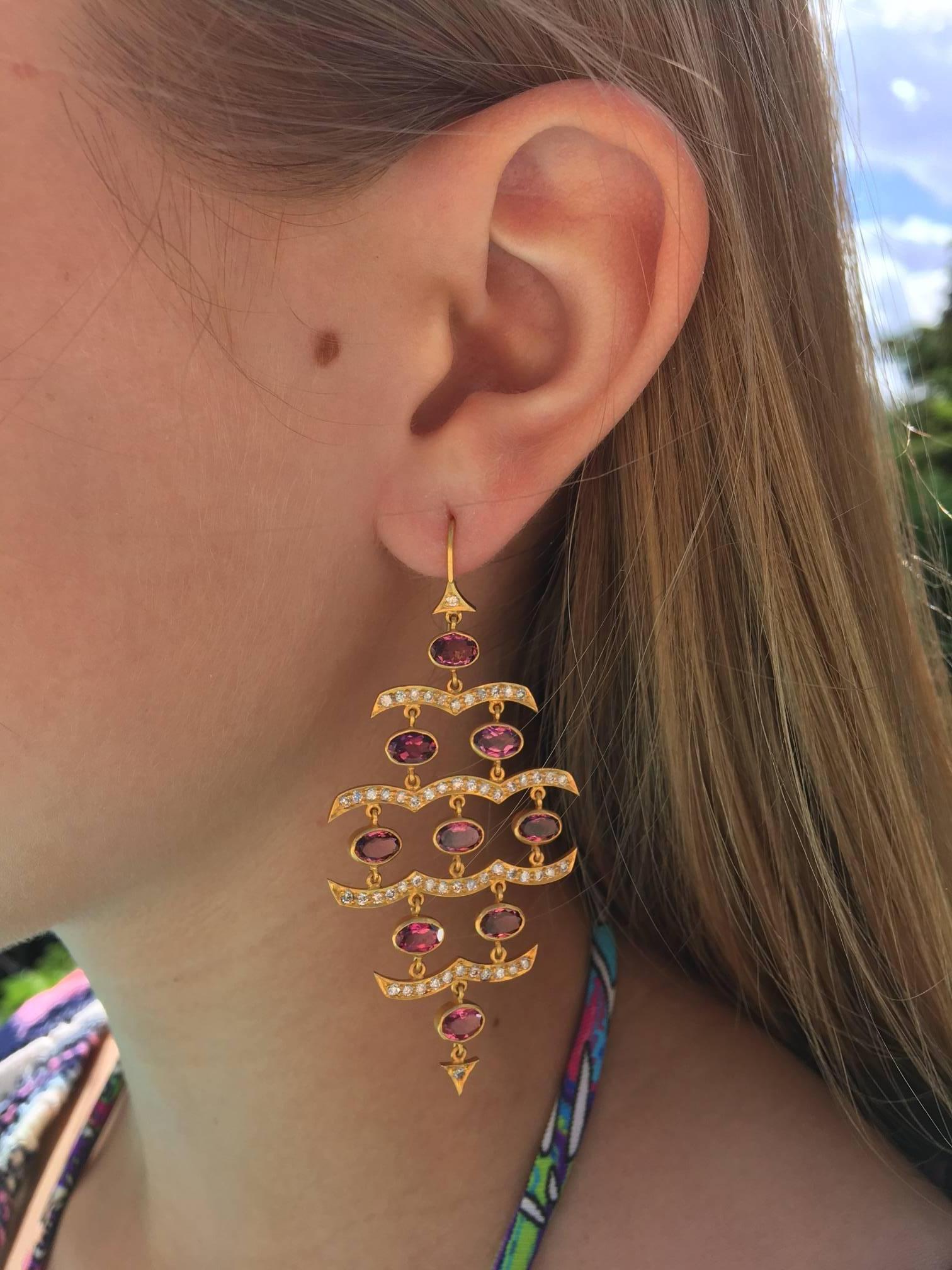 Artist Lauren Harper Pink Tourmaline Diamonds Gold Chandelier Statement Earrings For Sale