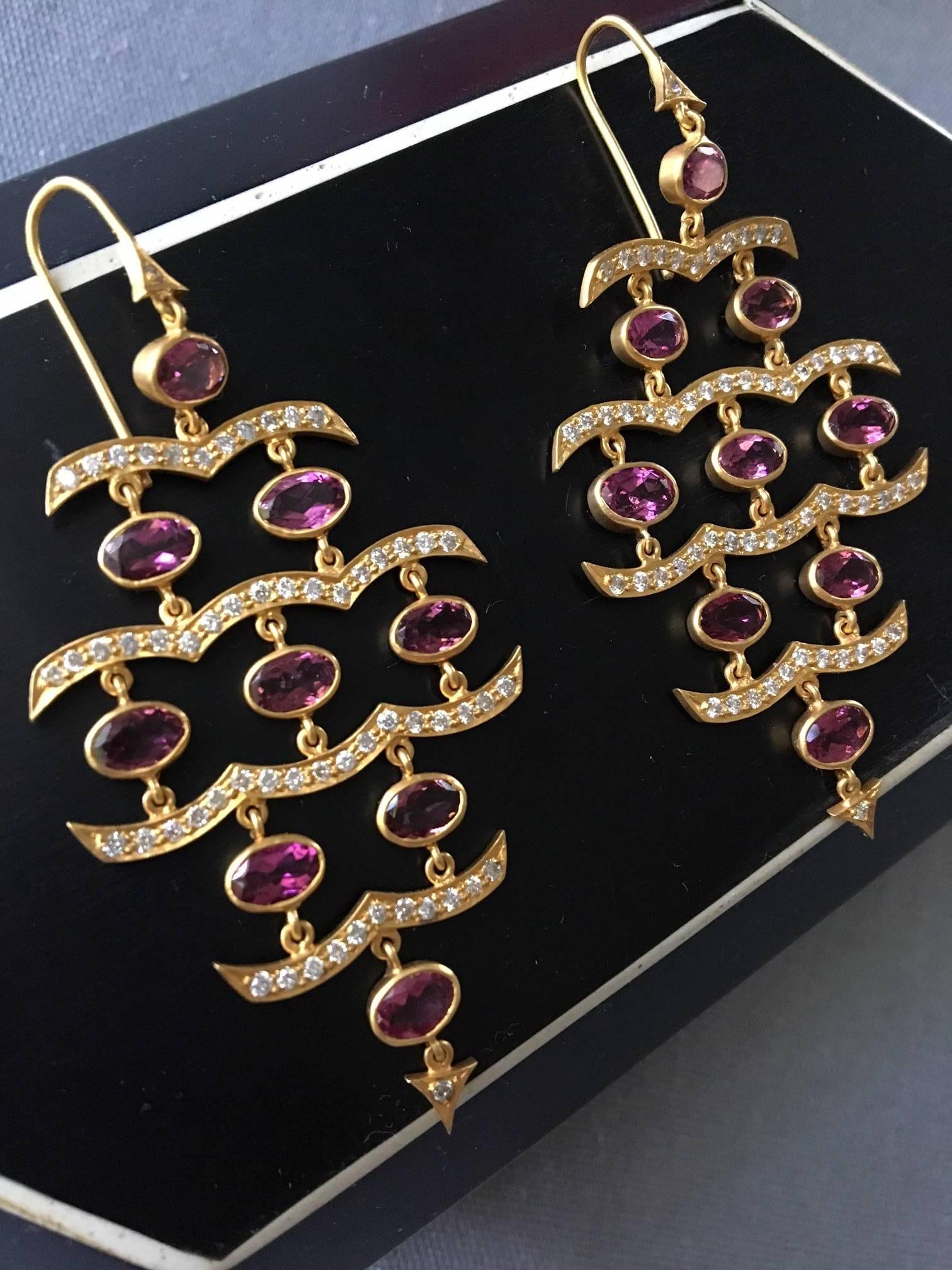 Lauren Harper Pink Tourmaline Diamonds Gold Chandelier Statement Earrings For Sale 2