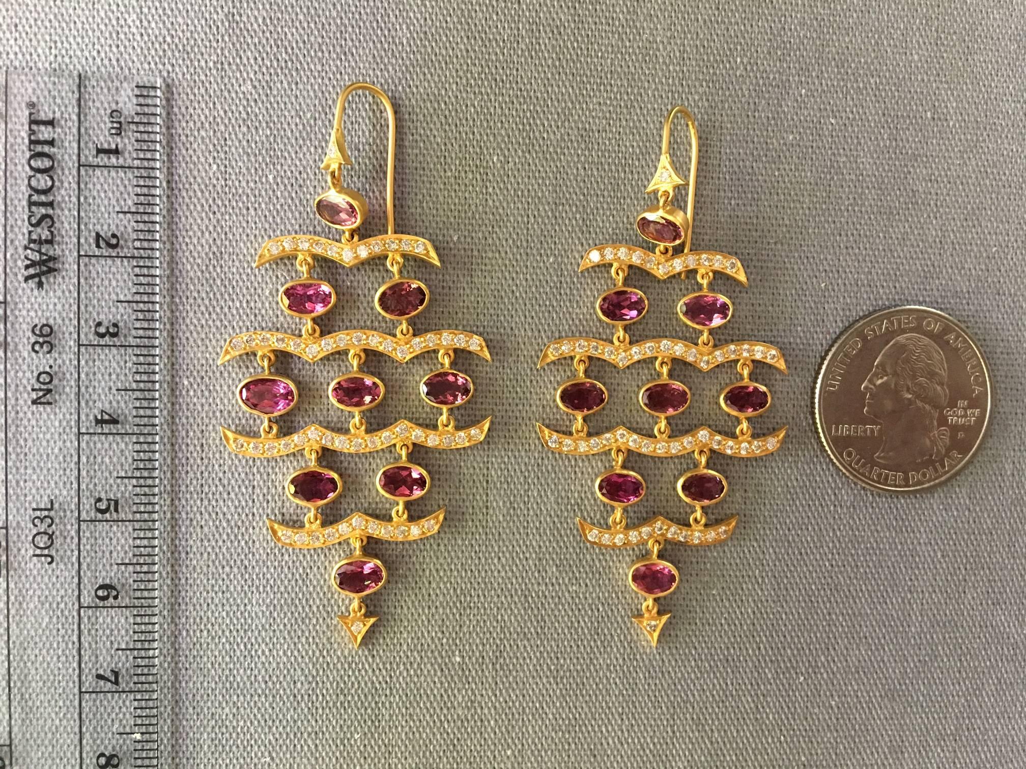 Lauren Harper Pink Tourmaline Diamonds Gold Chandelier Statement Earrings For Sale 1