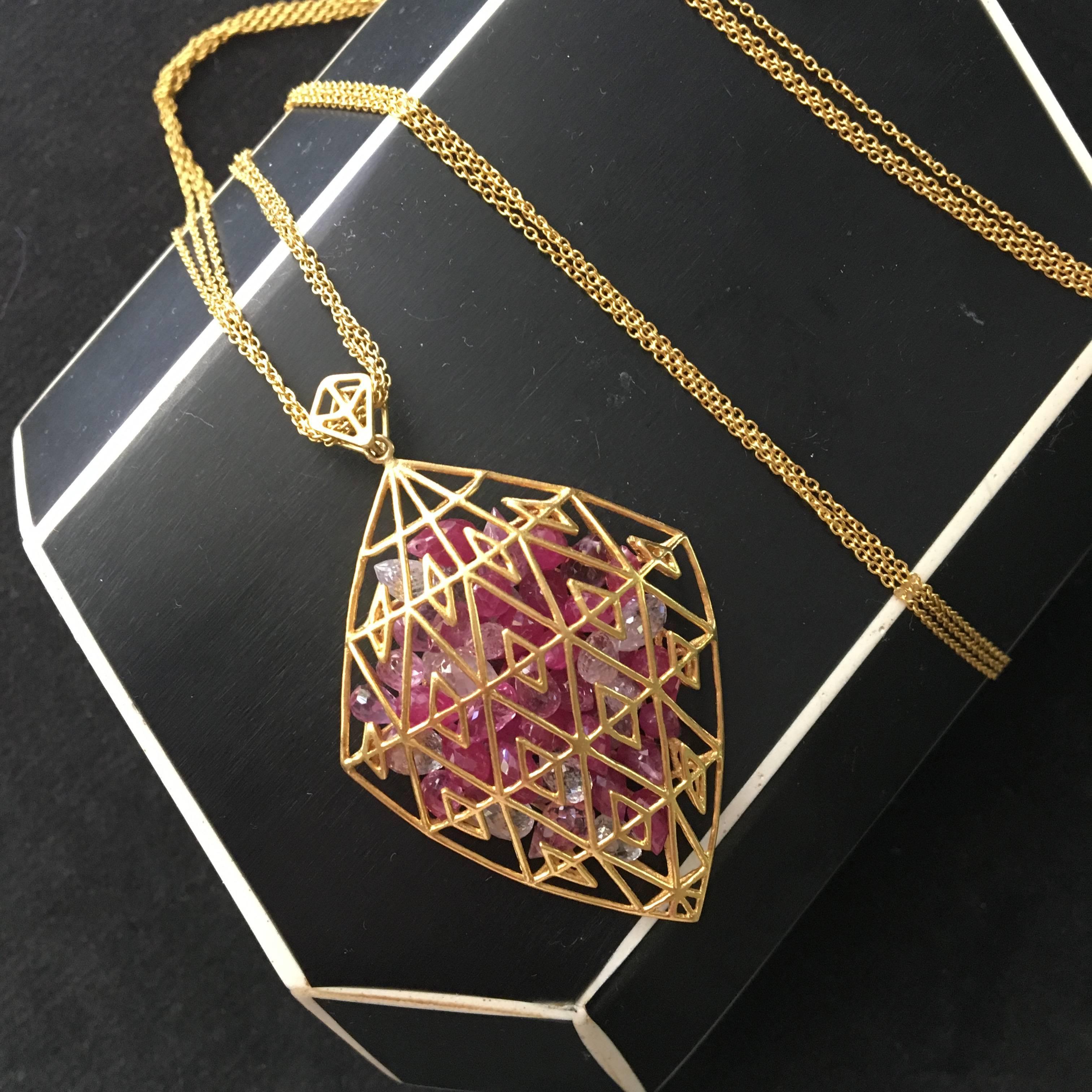 Artist Lauren Harper Collection Pink Sapphires Yellow Gold Pendant Necklace For Sale