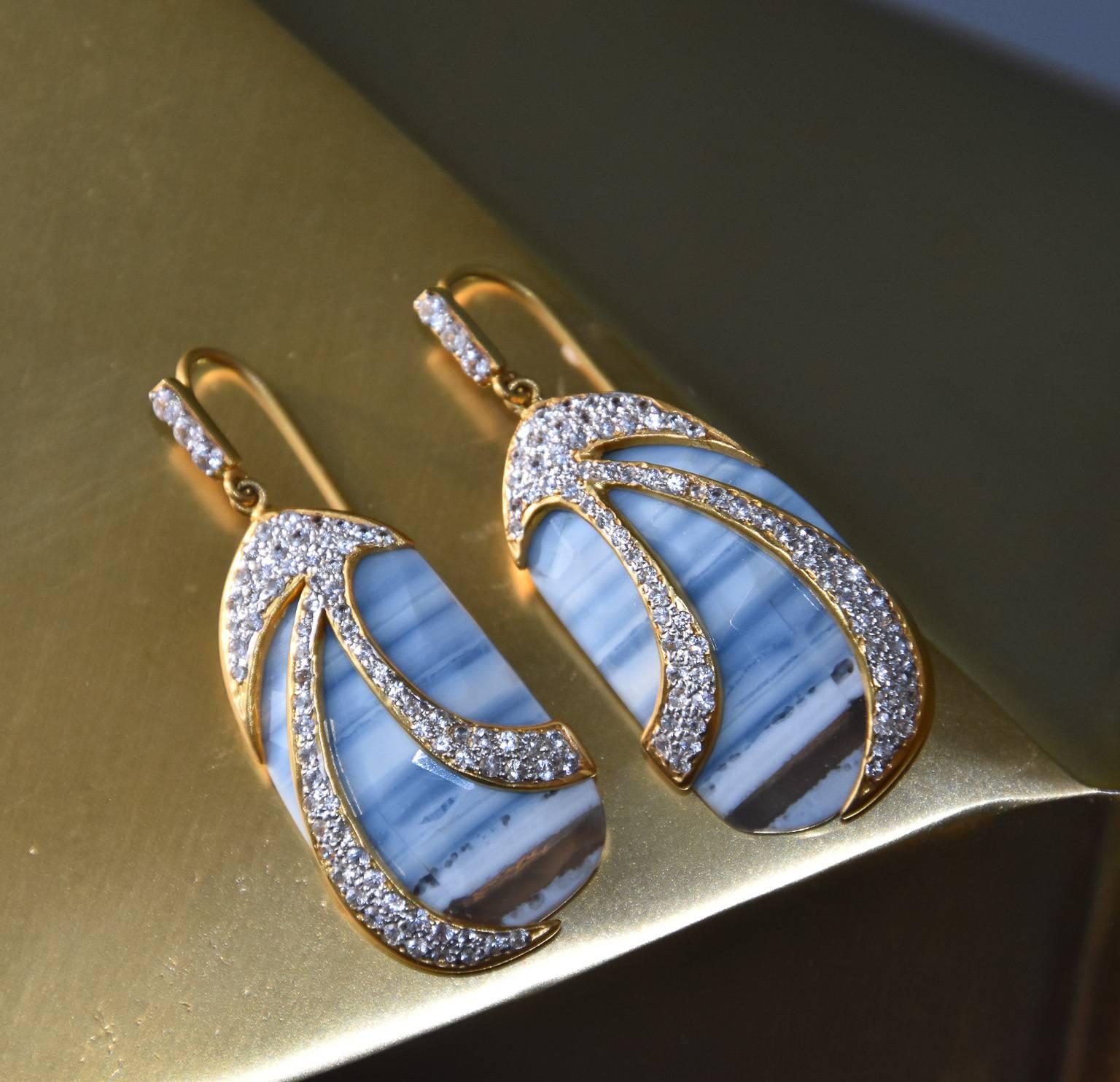 Artist Lauren Harper Collection African Opals, Sapphires, 18 Karat Gold Drop Earrings For Sale