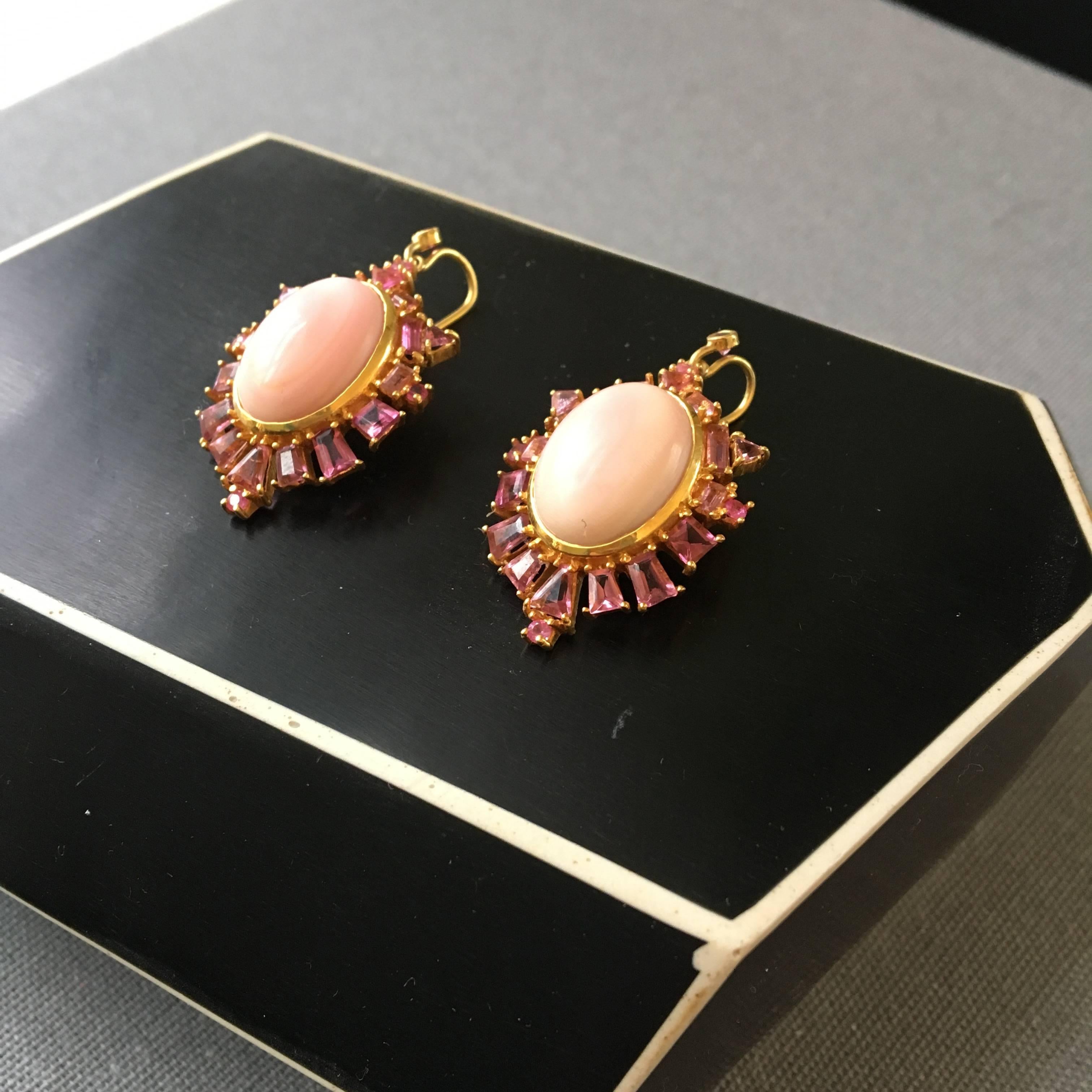 Lauren Harper Collection Pink Coral, Pink Sapphire, Gold Statement Drop Earrings 1